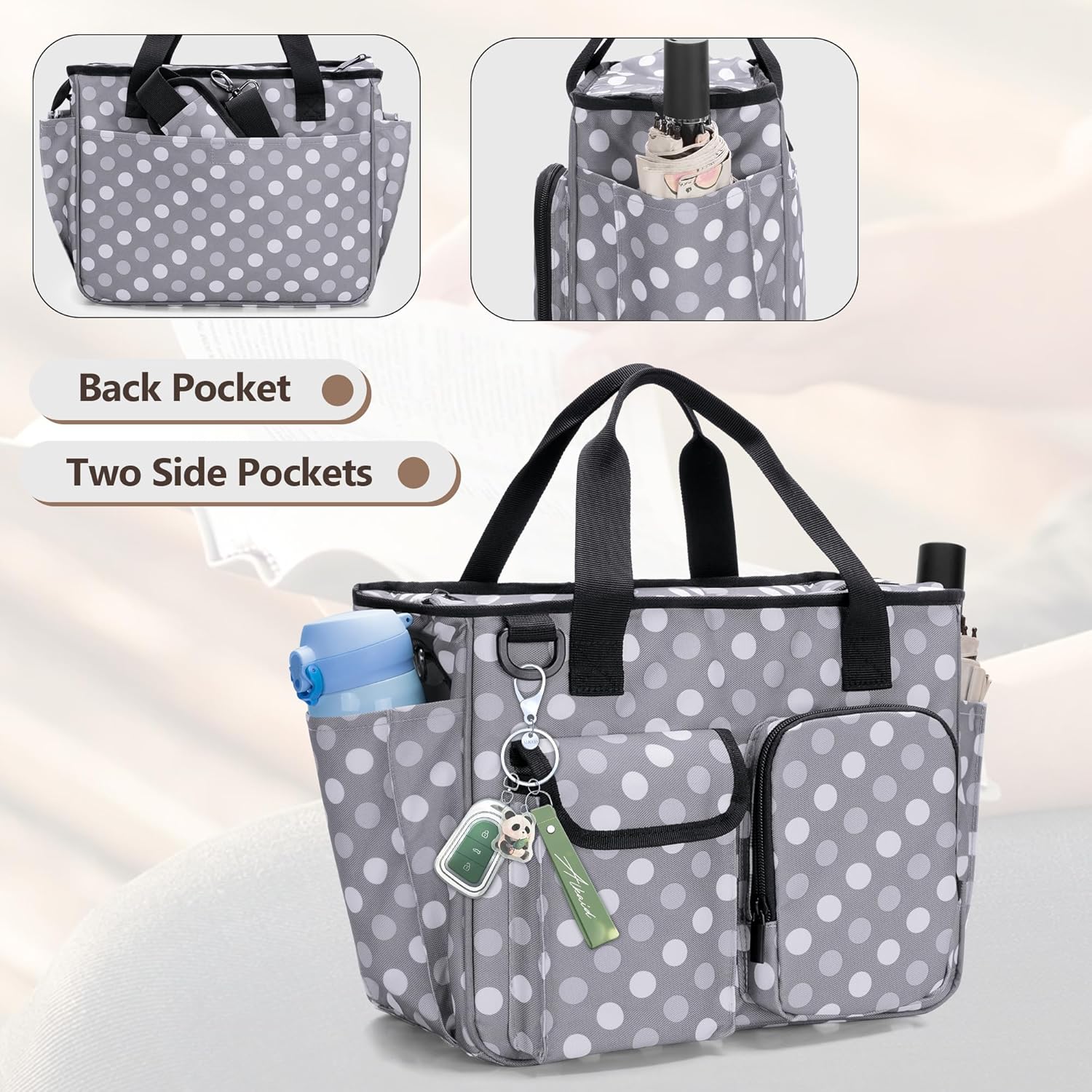 LUXJA Large Bible Bag with Water Bottle Pocket and Shoulder Strap, Bible Tote Bag for Women with Multiple Pockets (Bag Only), Polka Dots - Image 5