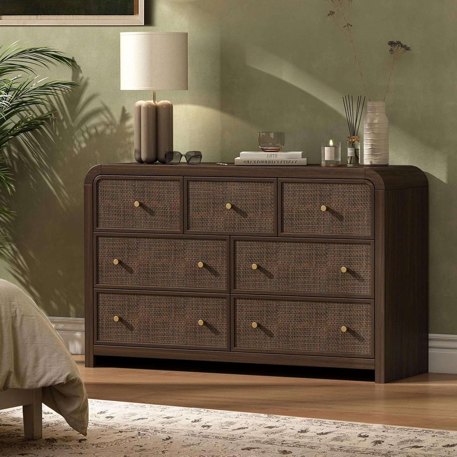 Oak&Sparrow 7 Drawer Dresser for Bedroom, 49'' Rattan Dresser with Ample Storage, Boho Chest of Drawers, Thickened Curved Profile Design, Dark Walnut Dressers for Bedroom, Living Room