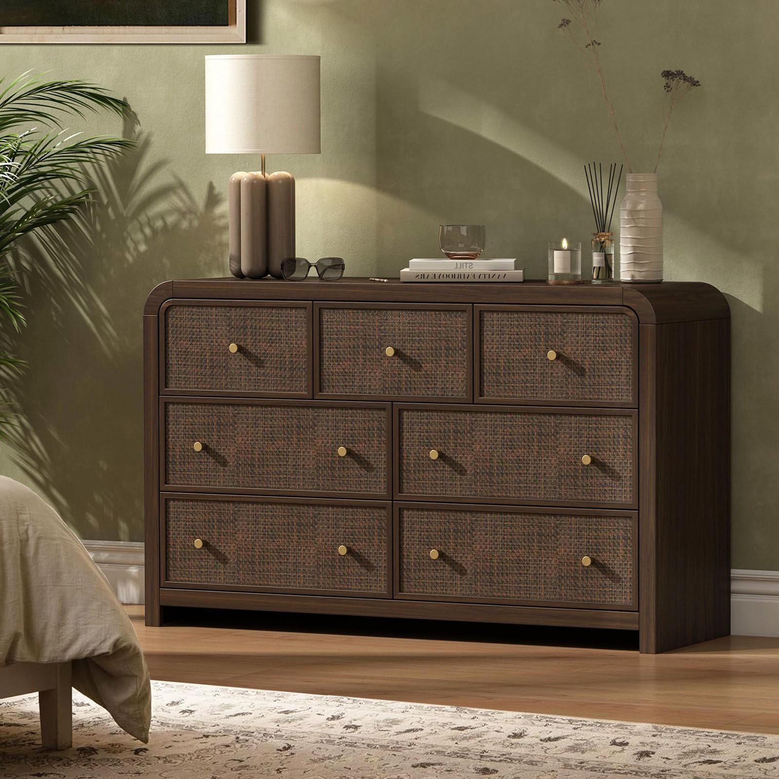 Oak&Sparrow 7 Drawer Dresser for Bedroom, 49'' Rattan Dresser with Ample Storage, Boho Chest of Drawers, Thickened Curved Profile Design, Dark Walnut Dressers for Bedroom, Living Room 7 Drawers
