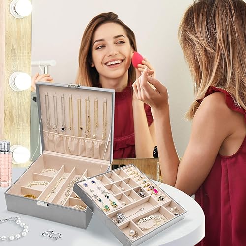 Miniatura 7 de ProCase - Joyero grande de cuero con dos niveles para organizar aretes pulseras anillos relojes para mujeres niñas regalo ideal para novia o esposa
