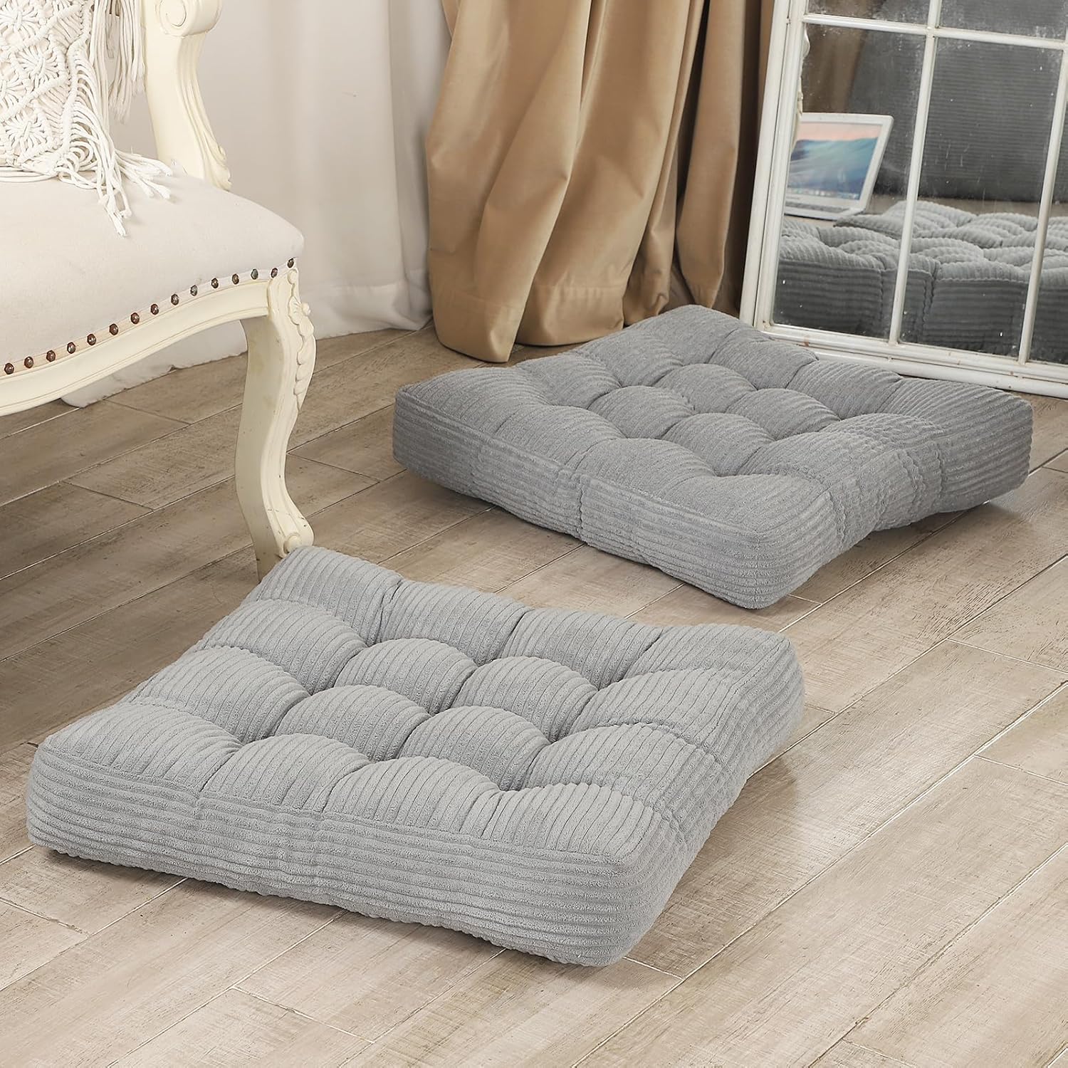 LOVMOC 22 inches Meditation Pillow, 2 Pack Square Large Floor Cushions for Adults, Thick Corduroy Floor Pillows for Sitting, Yoga, Living Room, Sofa, Tatami, LightGrey