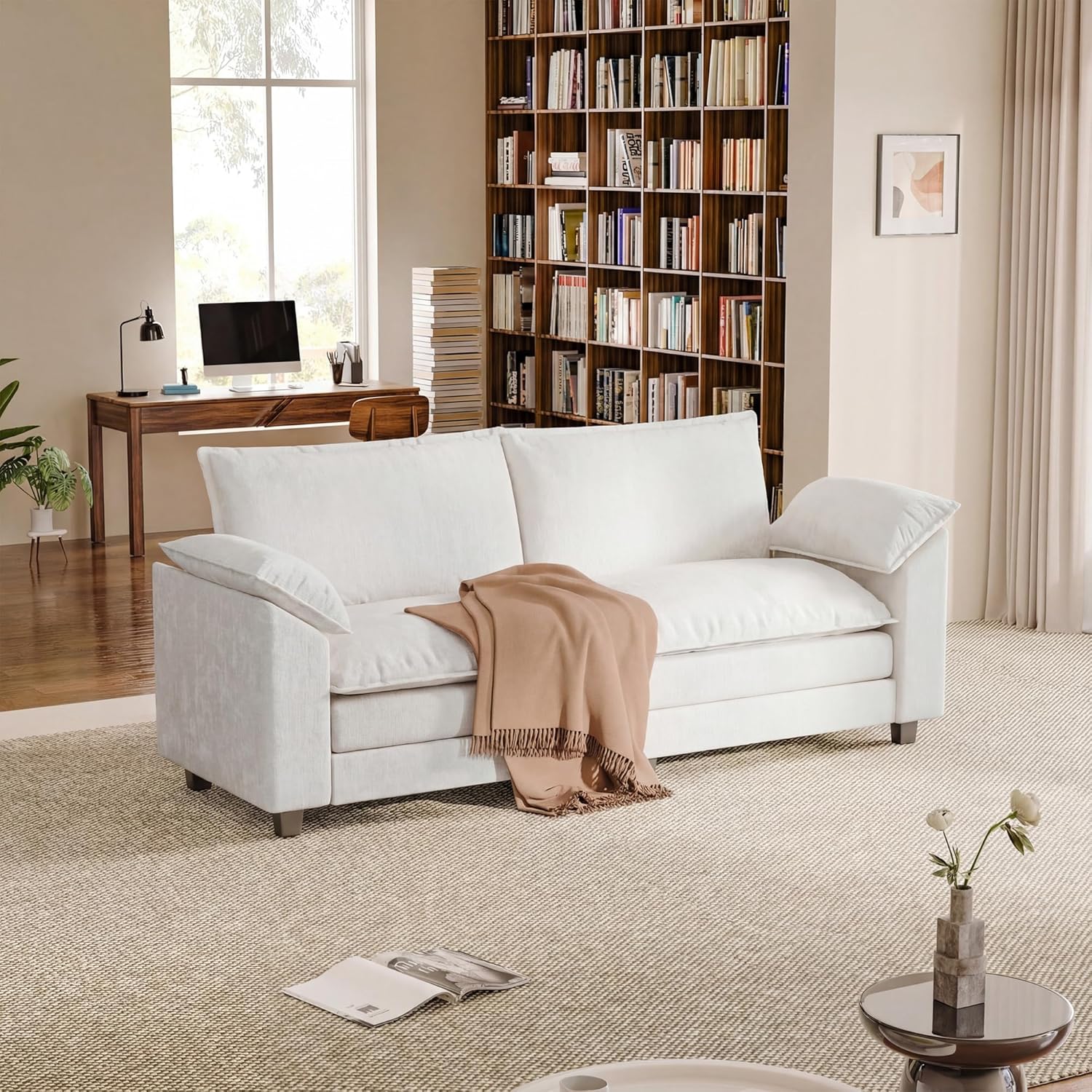 Loveseat 2 Seater Sofa with Double Layer Cushion, Cloud Couch with Deep Seat, Comfy Chenille Sofa Couches for Living Room & Apartment (White, Loveseat Sofa)