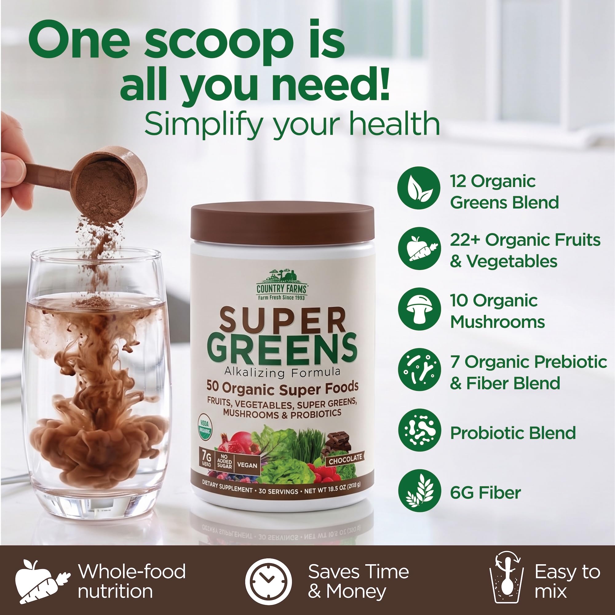 Country Farms Organic Super Greens Powder, Chocolate Flavor, Daily Greens with Fiber, Mushrooms & Probiotics for Gut Health and Energy — Amazon image 5