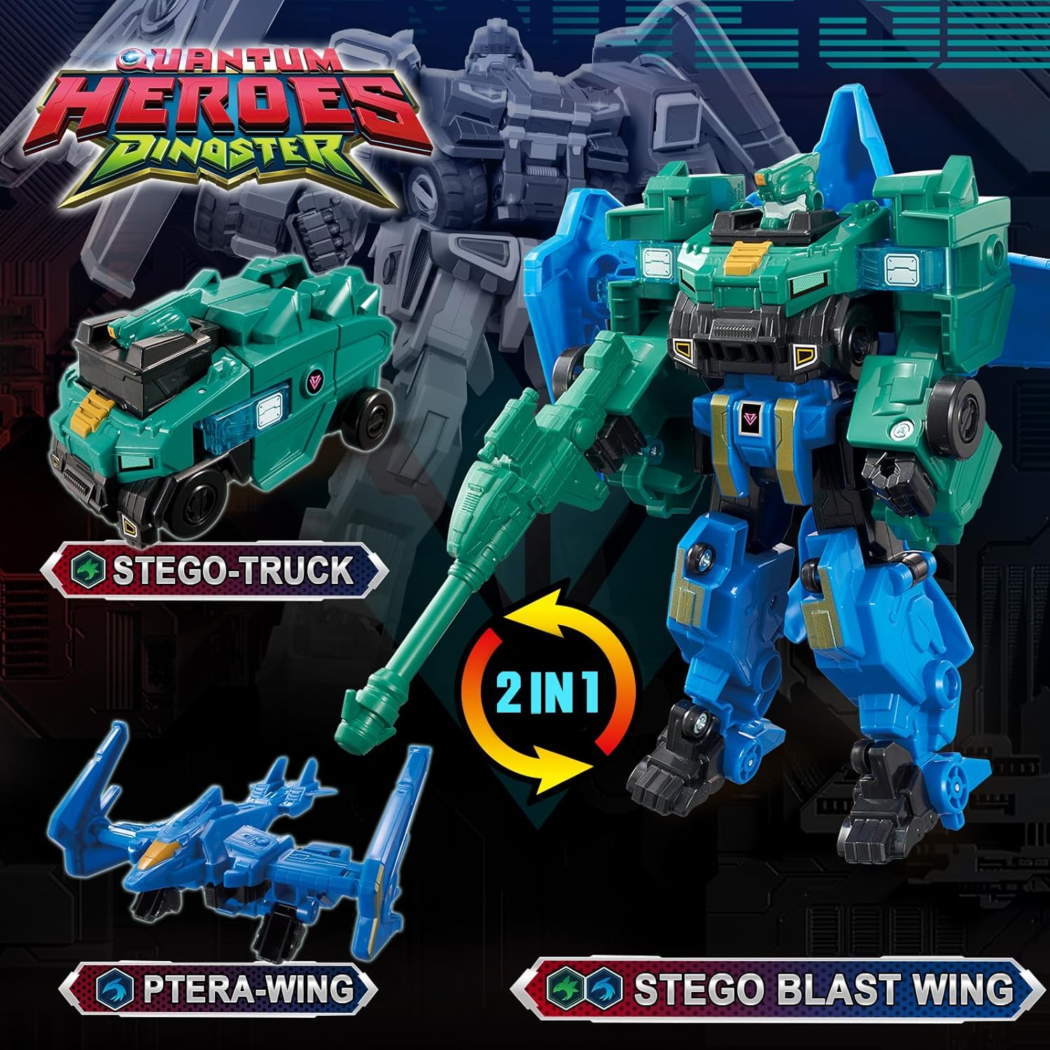 QUANTUM HEROES DINOSTER Transforming Toys 2PCS, 2-in-1 Transformable Robot Raptor Tron 7.48-inch & Stego Blast Wing 7.28-inch, Transforming Vehicle Robot for Boys Girls Age 5+, Multicolored