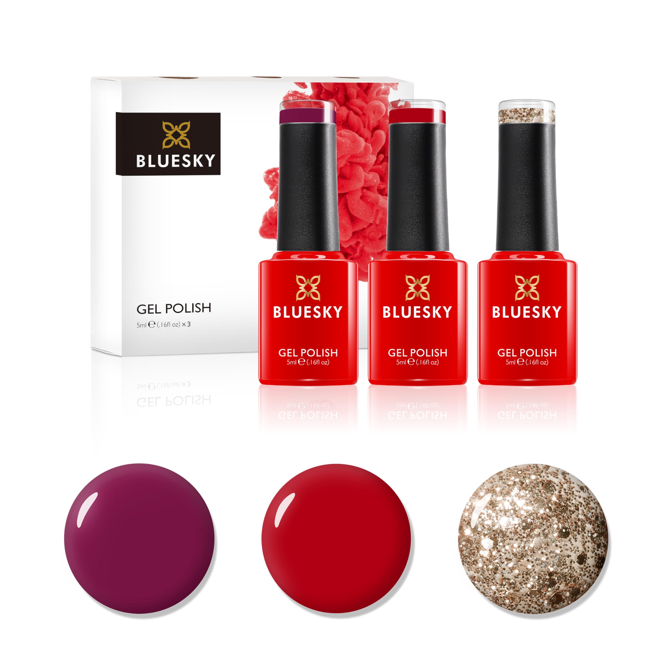 Gel Nail Polish Set, Rouge Rite 80605, Long Kiss D160, Gold Button DC02, TRIO PACK 3 x 5 ml (Requires Curing Under UV or LED Lamp)
