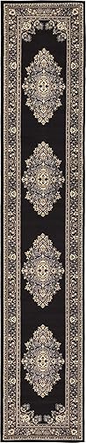 Unique Loom Reza Collection - Alfombra tradicional de estilo persa, 3 x 16 pies, 5 pulgadas, color negro y beige