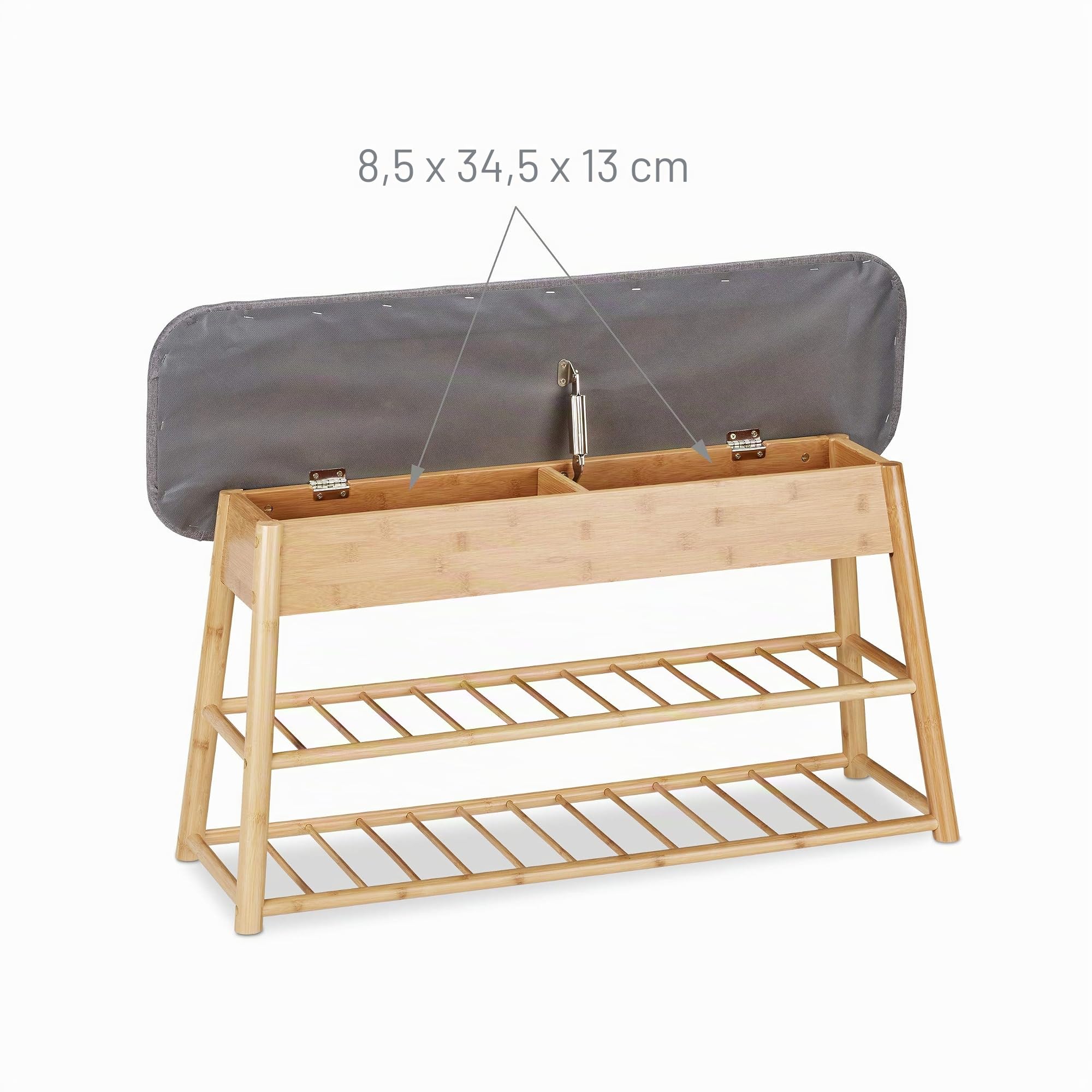 Relaxdays Banco Zapatero Recibidor, Organizador 8 Pares Zapatos, 2 Baldas, Asiento con Baúl, Bambú, 48x90x28 cm, Natural