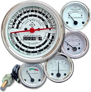 Allis Chalmers Tractor Replacement Gauge Set - Tachometer, Fuel, Oil Pressure, Temperature, Amp Gauges - Fits 170, 175, 180, 185, 190, 190XT, 200, 210, 220 - Replaces Parts 70200197, 70240988,