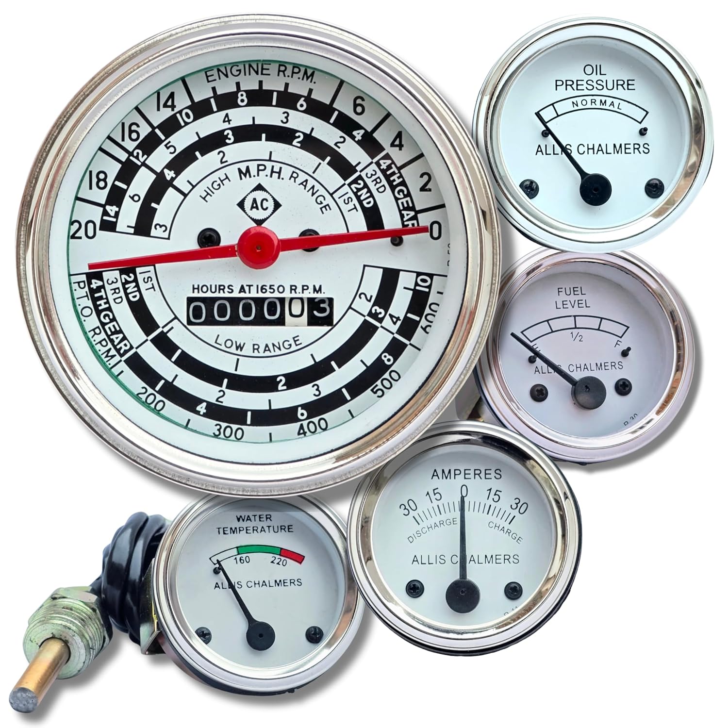 Allis Chalmers Tractor Replacement Gauge Set - Tachometer, Fuel, Oil Pressure, Temperature, Amp Gauges - Fits 170, 175, 180, 185, 190, 190XT, 200, 210, 220 - Replaces Parts 70200197, 70240988,