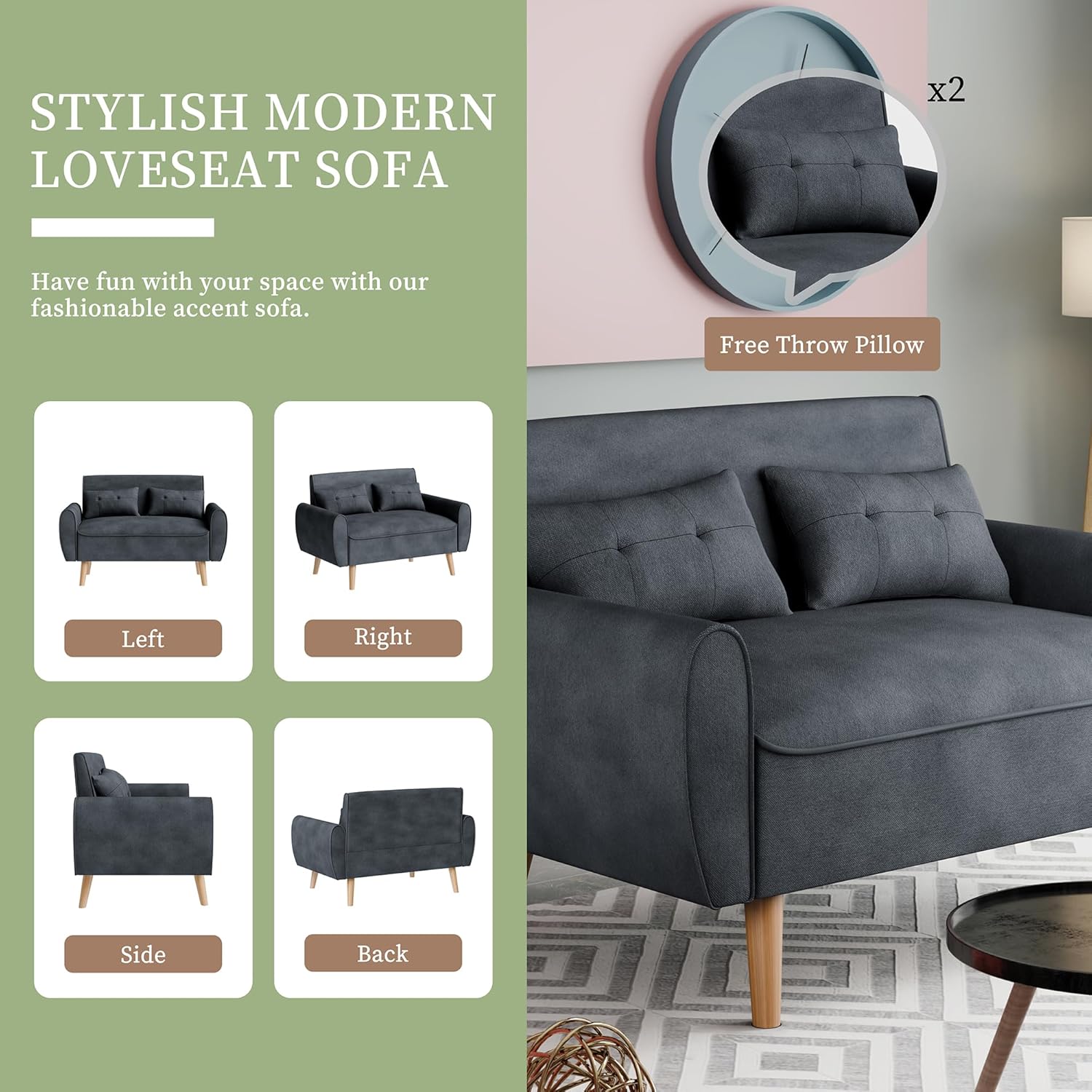 Multiple views of the Vongrasig loveseat sofa from the left, right, side, and back, showcasing its stylish modern design and included throw pillows.