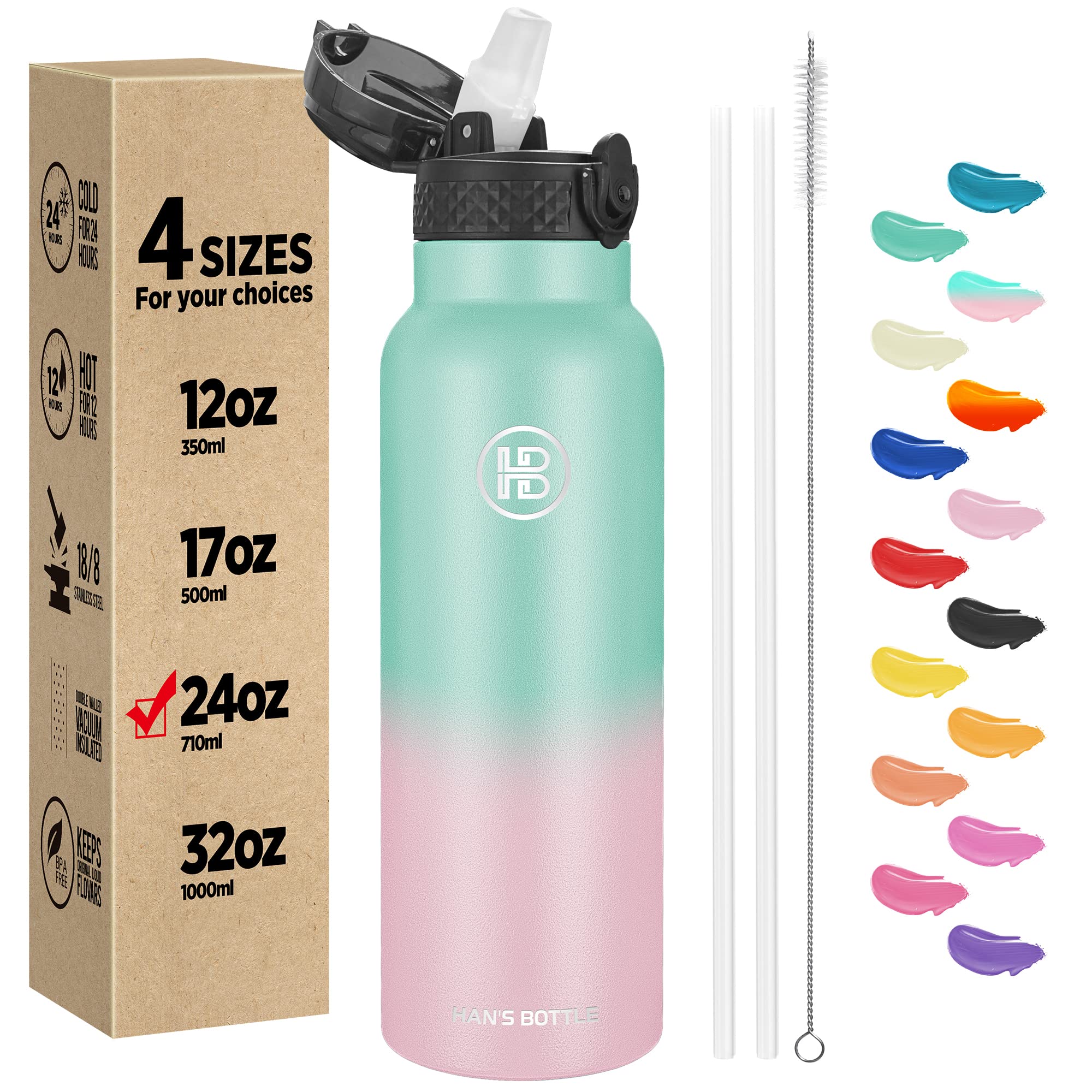Han's Bottle Sports Water Bottle - 24 Oz, Straw Lid, Leak Proof, Vacuum Insulated Stainless Steel, Double Walled, Thermo Mug,Bubble Gum