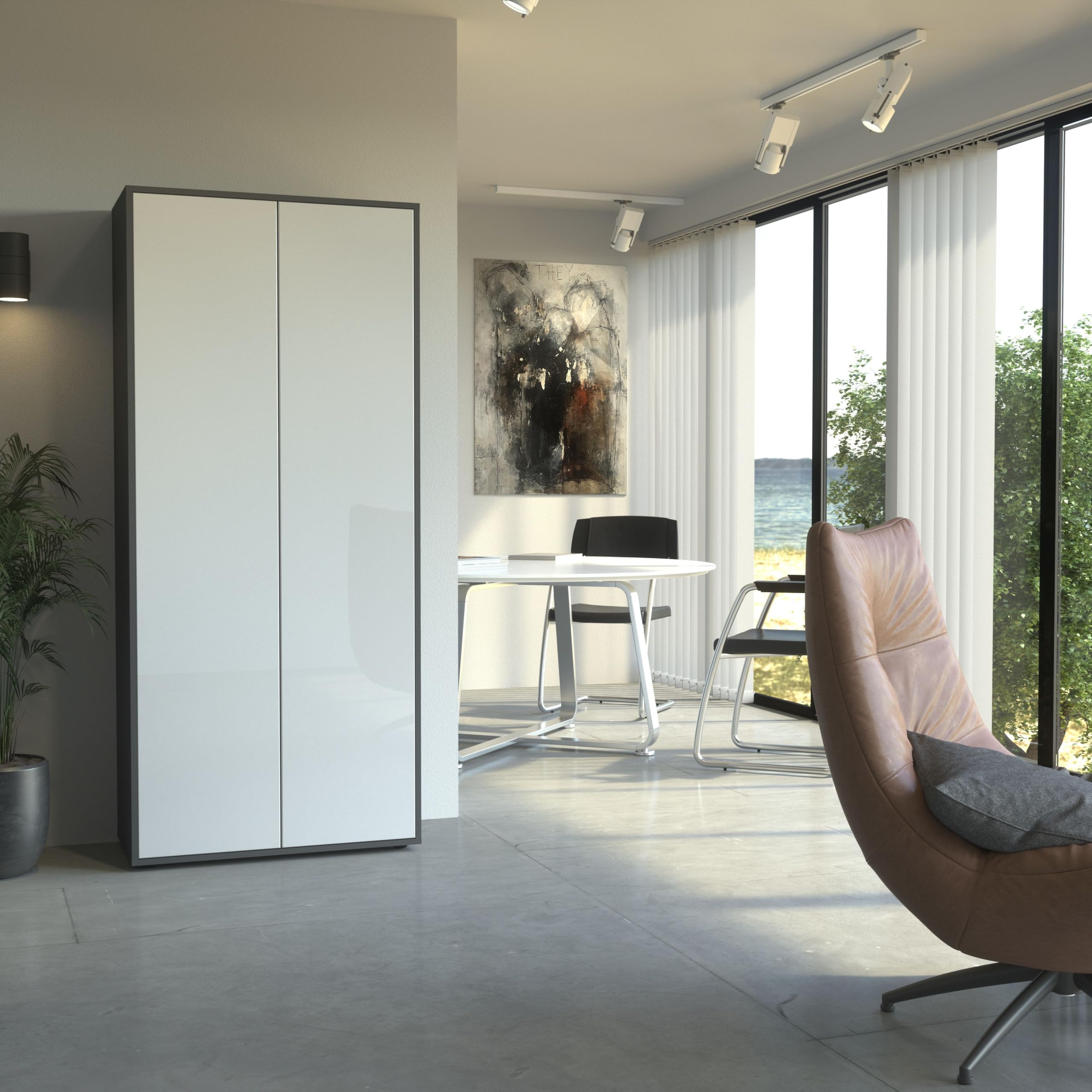 Büroschrank Amira T00, Anthrazit/Weiß Hochglanz, 180x80x40 cm | Geschlossener Schrank mit 2 großen Türen, Push-to-Open, Aktenschrank für Büro und Homeoffice