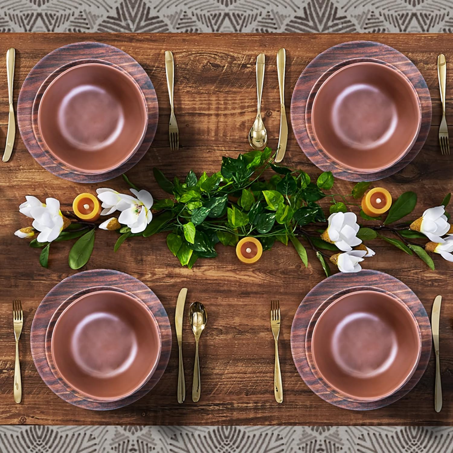 TP 12-Piece Melamine Dinnerware Sets, Plates and Bowls Dishes Set for 4, Break-Resistant & Non-Microwavable, Lightweight Dinner Plates, Wood Grain