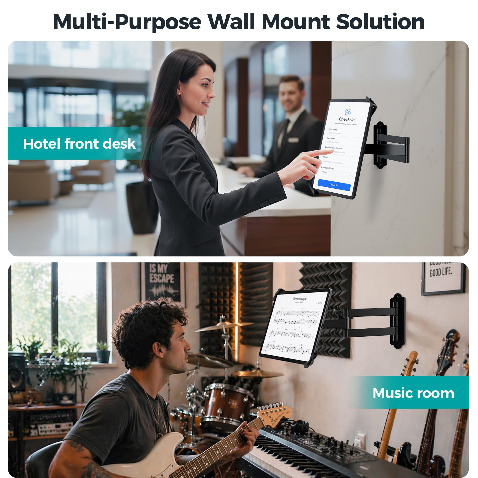 Soporte De Pared Para Tablet Antirrobo, Metálico Para iPad 7"-14" Pro Air Galaxy Tab, Brazo De Seguridad Con Movimiento Completo Y Cerradura Con Llave Para Tiendas, POS Y Kioscos Comerciales, Negro