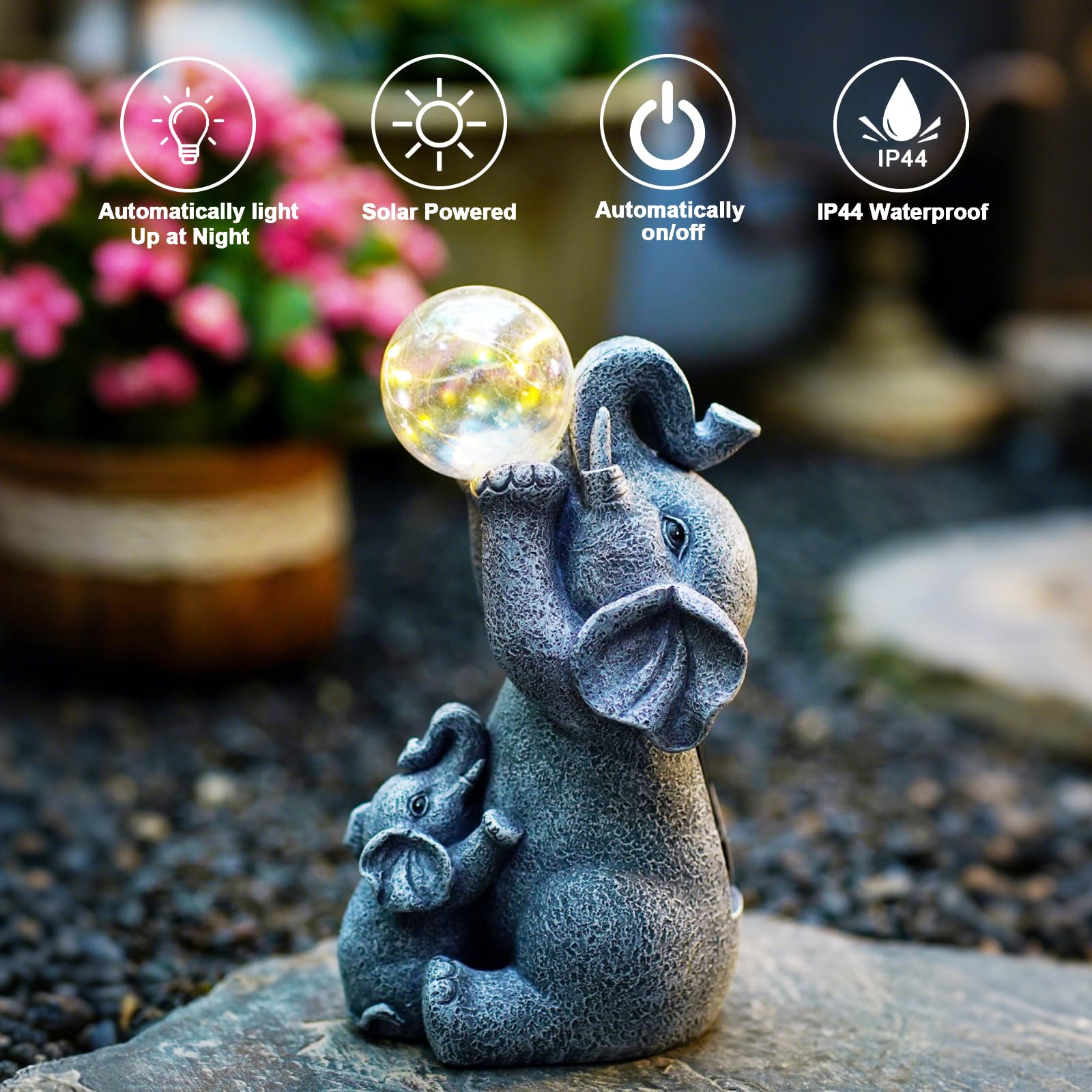 Statue solari da giardino a forma di elefante, luci con sfera a bolle solari, per esterni, cortile, decorazione da giardino, regalo unico per l'inaugurazione della casa per mamma, donne