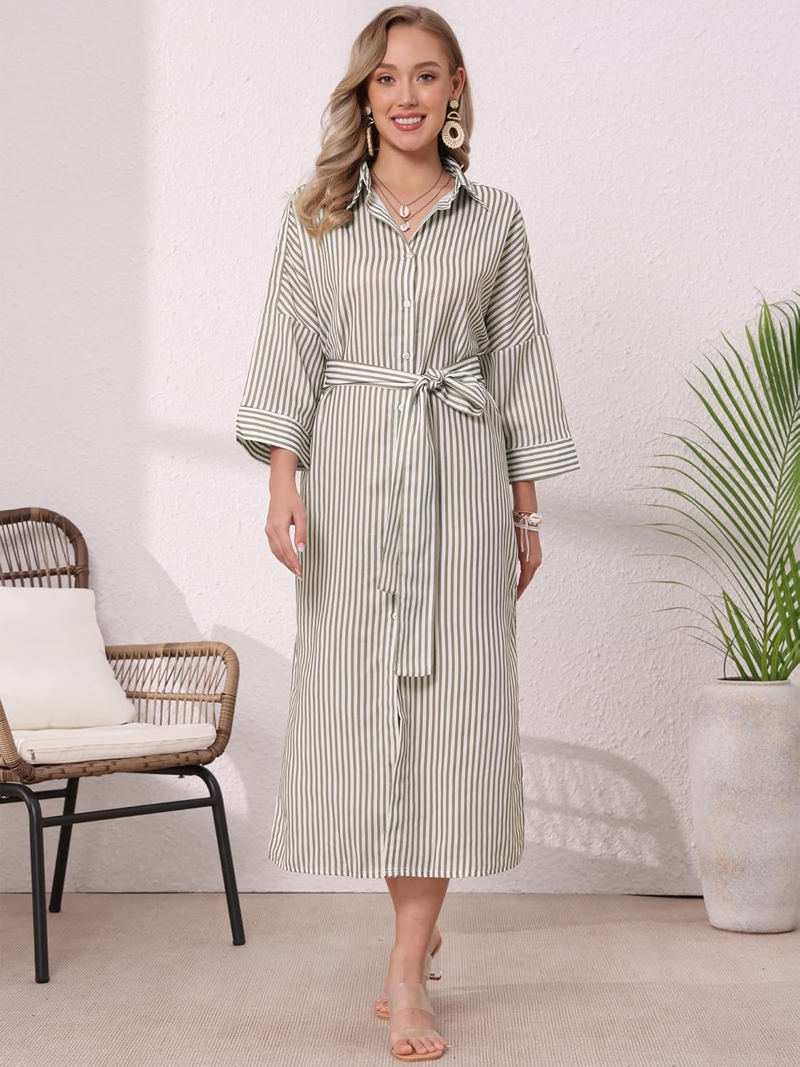Allegra K Casual Stripe Shirt Dress for Women's 3/4 Sleeve Button Down Split Belted Midi Shirtdress - Image 3