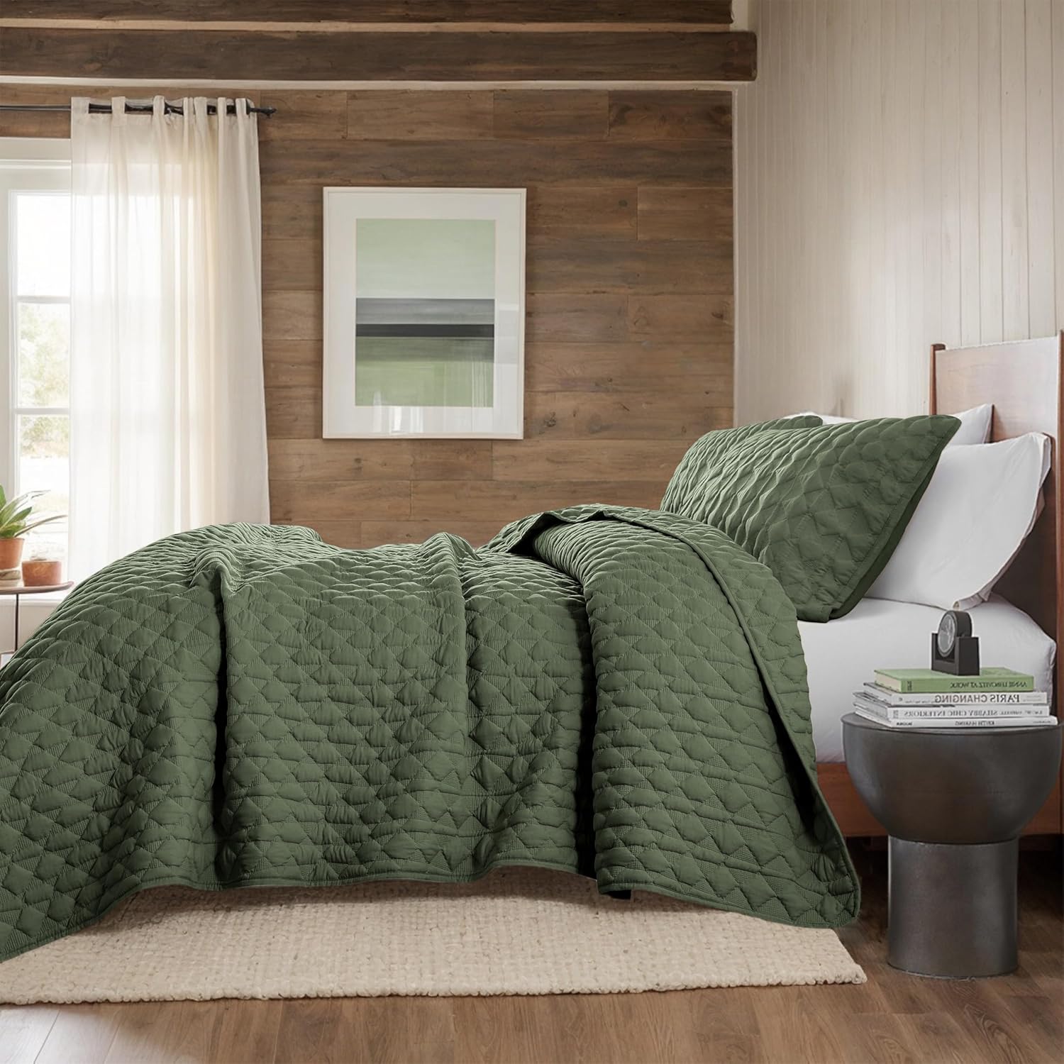 WDCOZY Olive Green Quilt King Size Bedding Set with 2 Pillow Shams, Lightweight Soft Bedspread Coverlet, Thin Comforter Bed Cover for All Season, 3 Pieces, 104x90 inches