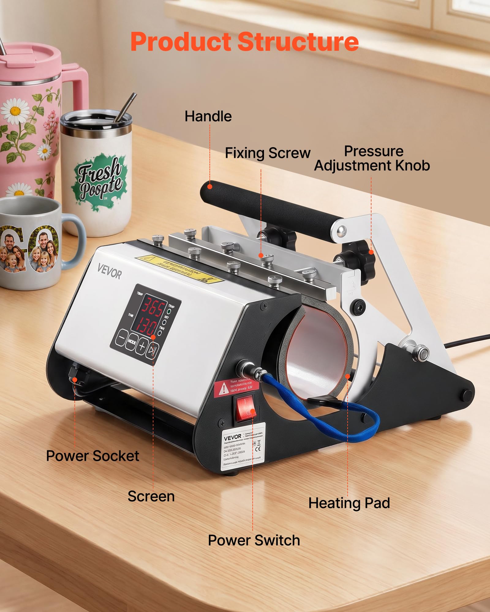 VEVOR Prensa de Calor para Tazas Prensa Térmica para Vasos Máx. de 1183 mL, Control de Temperatura Temporizador Cinta Guantes, Máquina de Sublimación para Vasos de Acero Inoxidable Vidrio Cerámica