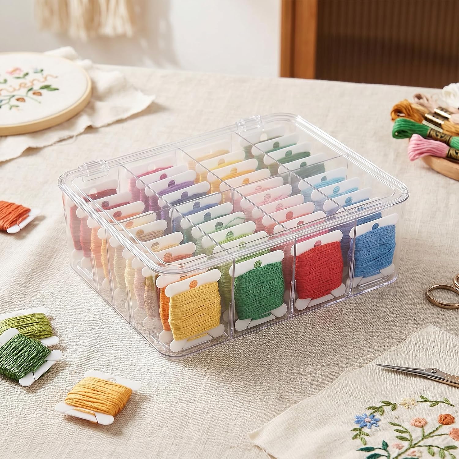 Embroidery Floss Organizer, 8 Compartments Acrylic Clear Thread Storage Box with Floss Winder, Includes 100 Plastic Bobbins for Cross Stitch Needlepoint Craft