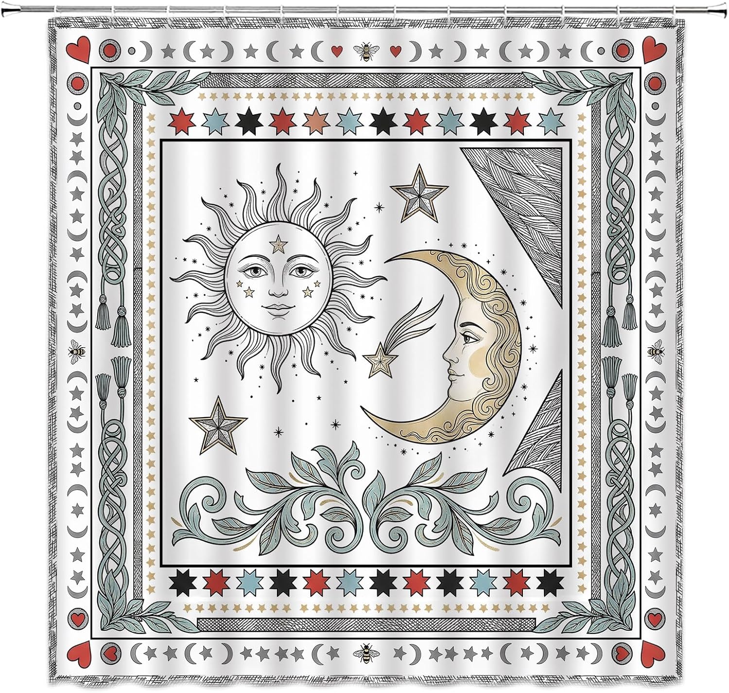 Sun and Moon Shower Curtain Burning Stars Universe Starry Sky Mandala Celestial Abstract White and Black Medallion Witchy Mystic Boho Fabric Bathroom Decor Set with Hooks(84" Wx70 H)