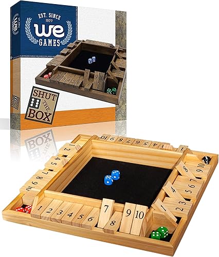 Miniatura 10 de WE Games Shut The Box - Juego de dados para 4 jugadores madera teñida de nogal tamaño de mesa de café grande 14 pulgadas