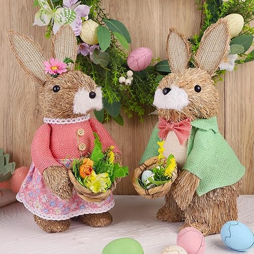 Miniatura 4 de Juegoal Juego de 2 figuras de conejo de Pascua de pie, 13.8 pulgadas, hechas a mano, estatuas de mesa de conejos de Pascua, lindos accesorios de