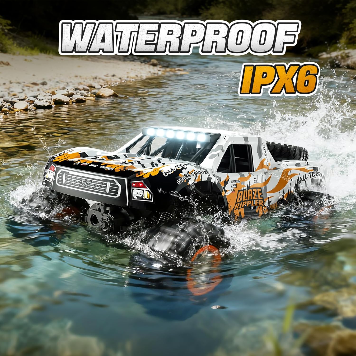 1:10 Amphibious Remote Control Car, 2.4 GHz Waterproof Monster Truck Toys RC Cars, 4WD All Terrain Off-Road Pickup RC Trucks , 2 Batteries 60Mins Play, Kids Toy Gift for Adults Kids Boys Girls