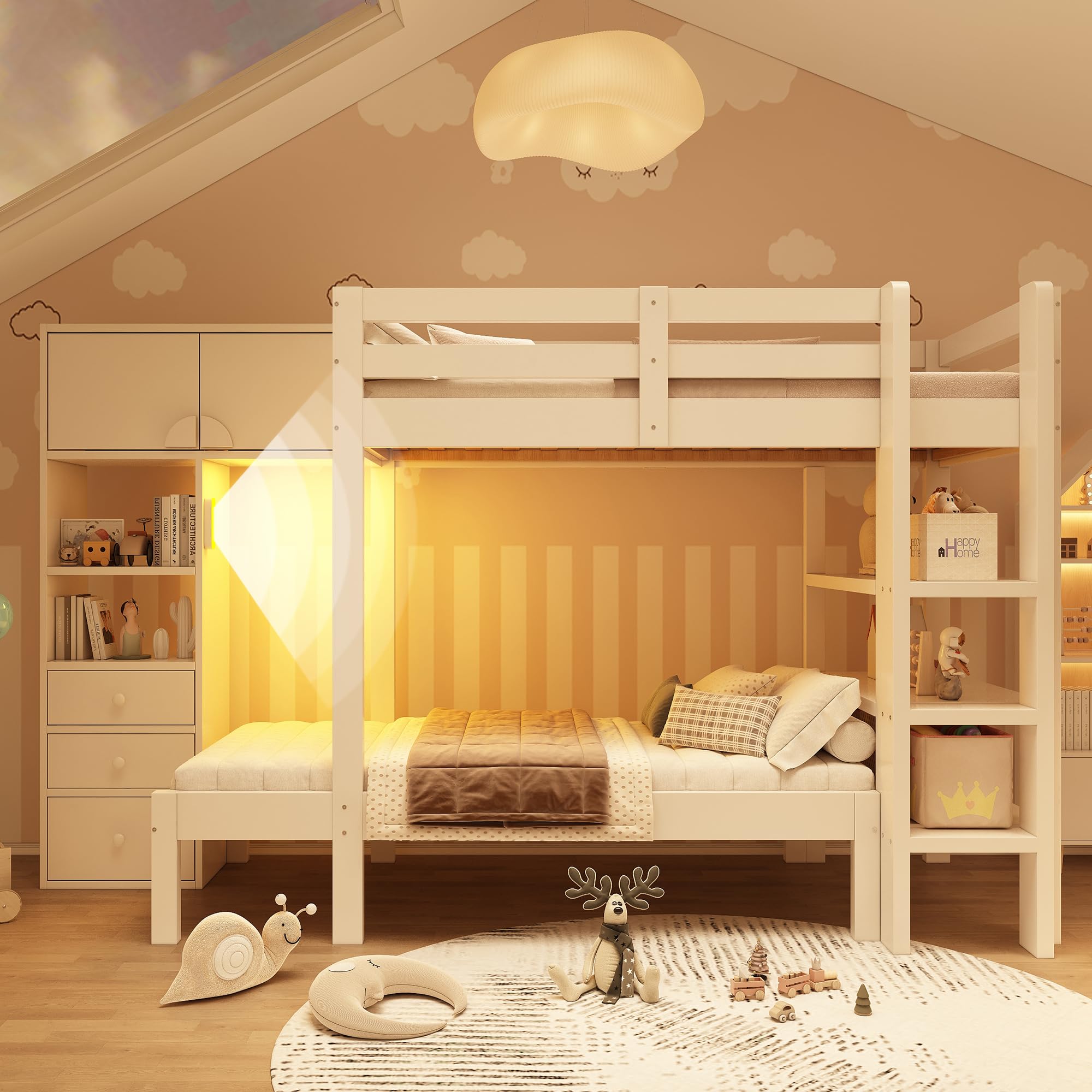 Letto a castello 90 x 200 cm per bambini e ragazzi, design sfalsato, armadio e scaffale, molto spazio nei cassetti, scala di sicurezza e protezione anticaduta, legno massello, bianco