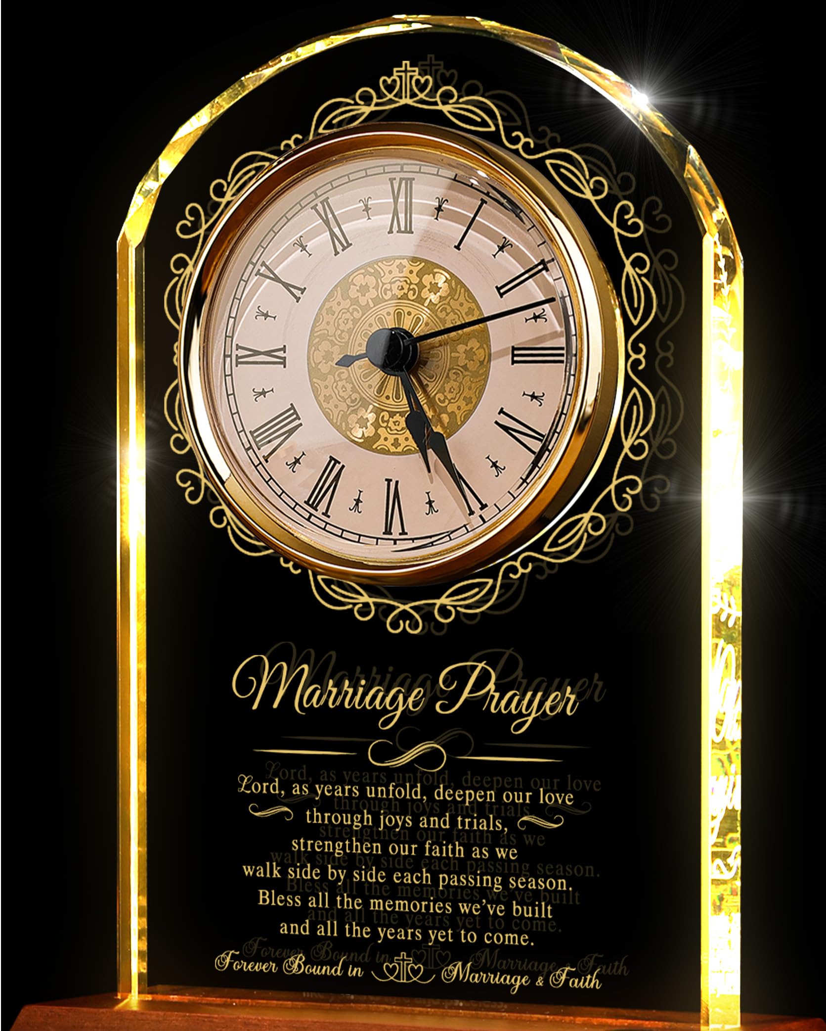 Regalos de boda para parejas 2026, reloj de cuarzo de cristal | Base de luz de madera, regalo de oración de matrimonio de feliz aniversario, regalo de compromiso único, para recién casados