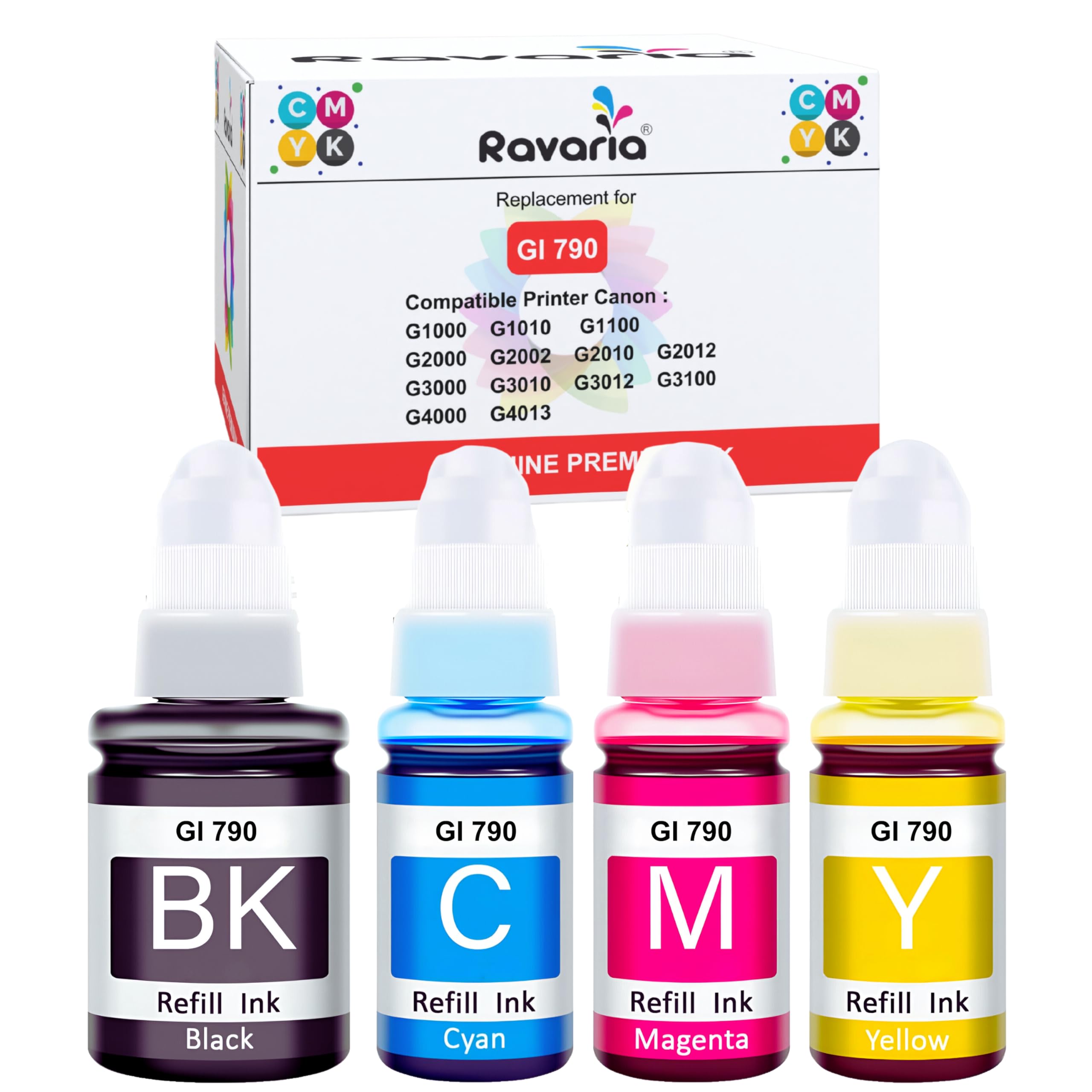 Ravaria Compatible Ink for Canon Gi 790 Pixma Ink Suitable for Canong1000 / G1010 / G1100 / G2000 / G2002 / G2010 / G2012 / G2100 / G3000 / G3010 / G3012 / G3100 / G4000 / G4013 (CMYK Set) (B0CW6LJ9BP) Amazon Price History, Amazon Price Tracker