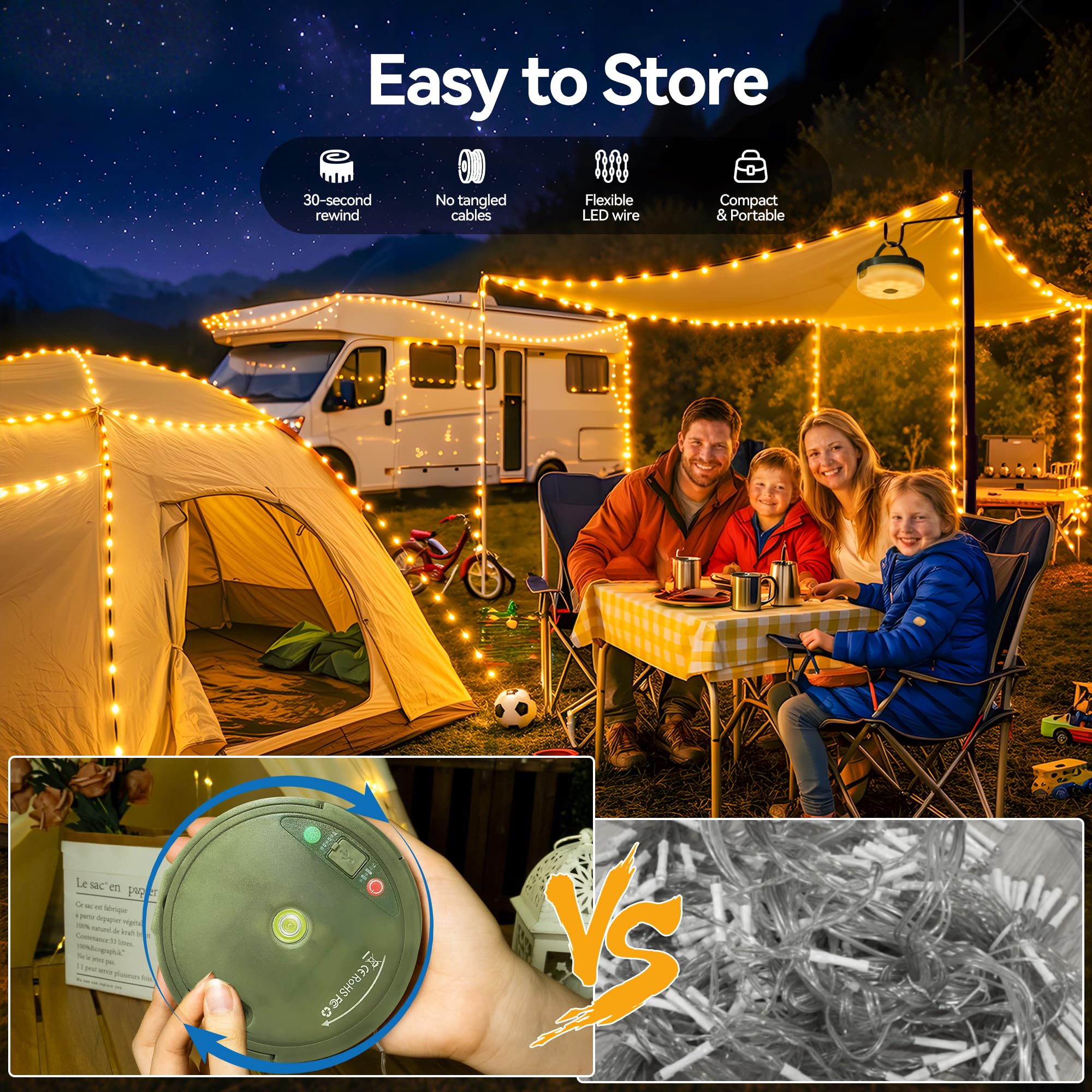 Guirlande lumineuse rétractable de 20 m, guirlande lumineuse RVB pour tente, rechargeable par USB-C, 15 modes d'éclairage, guirlande lumineuse d'ambiance à suspendre à l'extérieur, pour camping