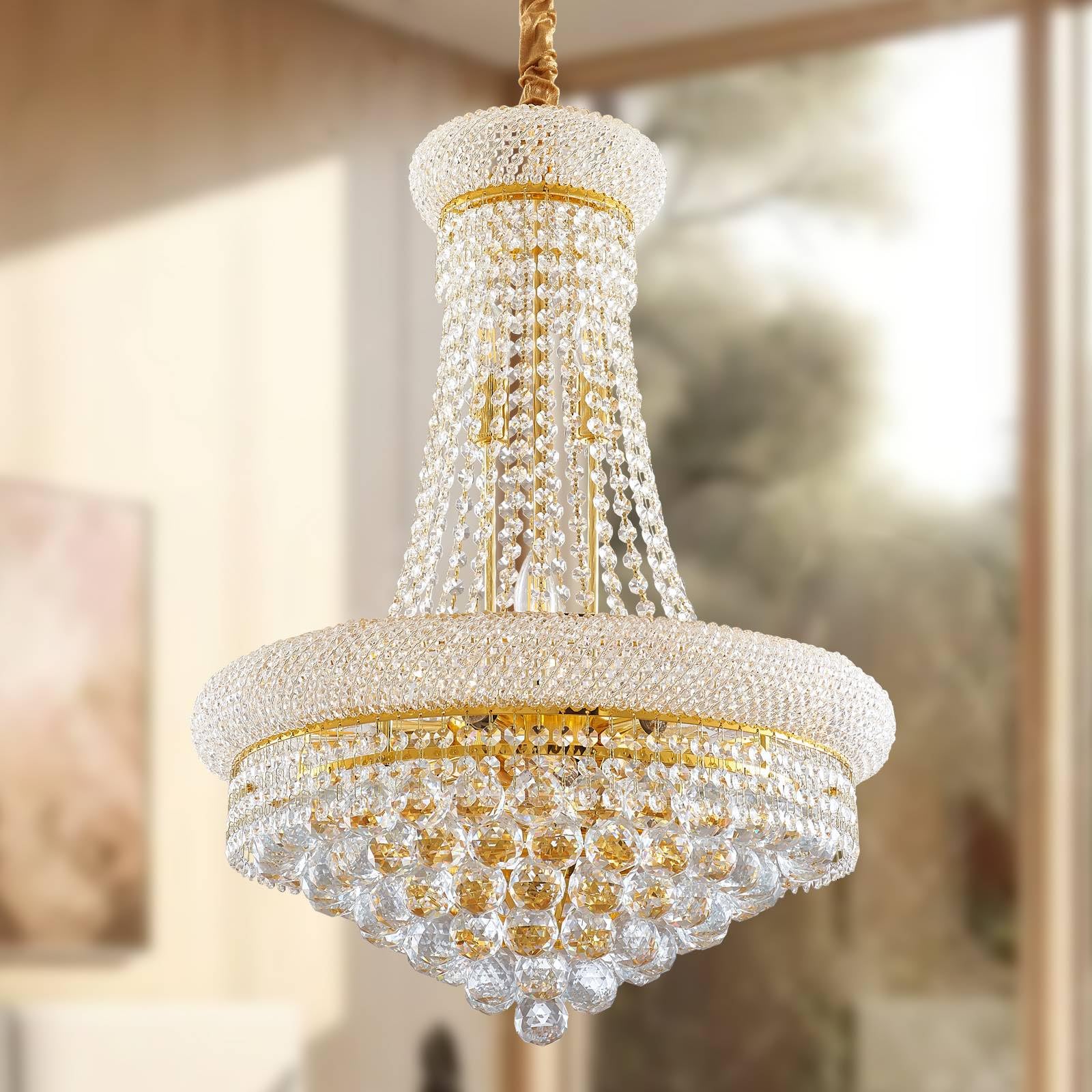 Photo 1 of 12-Lights Golden Finish Classic Empire Style K9 Crystal Ball Chandelier Ceiling Light for Living Room Foyer Dining Room Hallway Bedroom (22×32 inch) New Packaging Easy to Install 12-lights (W22”× H32”)