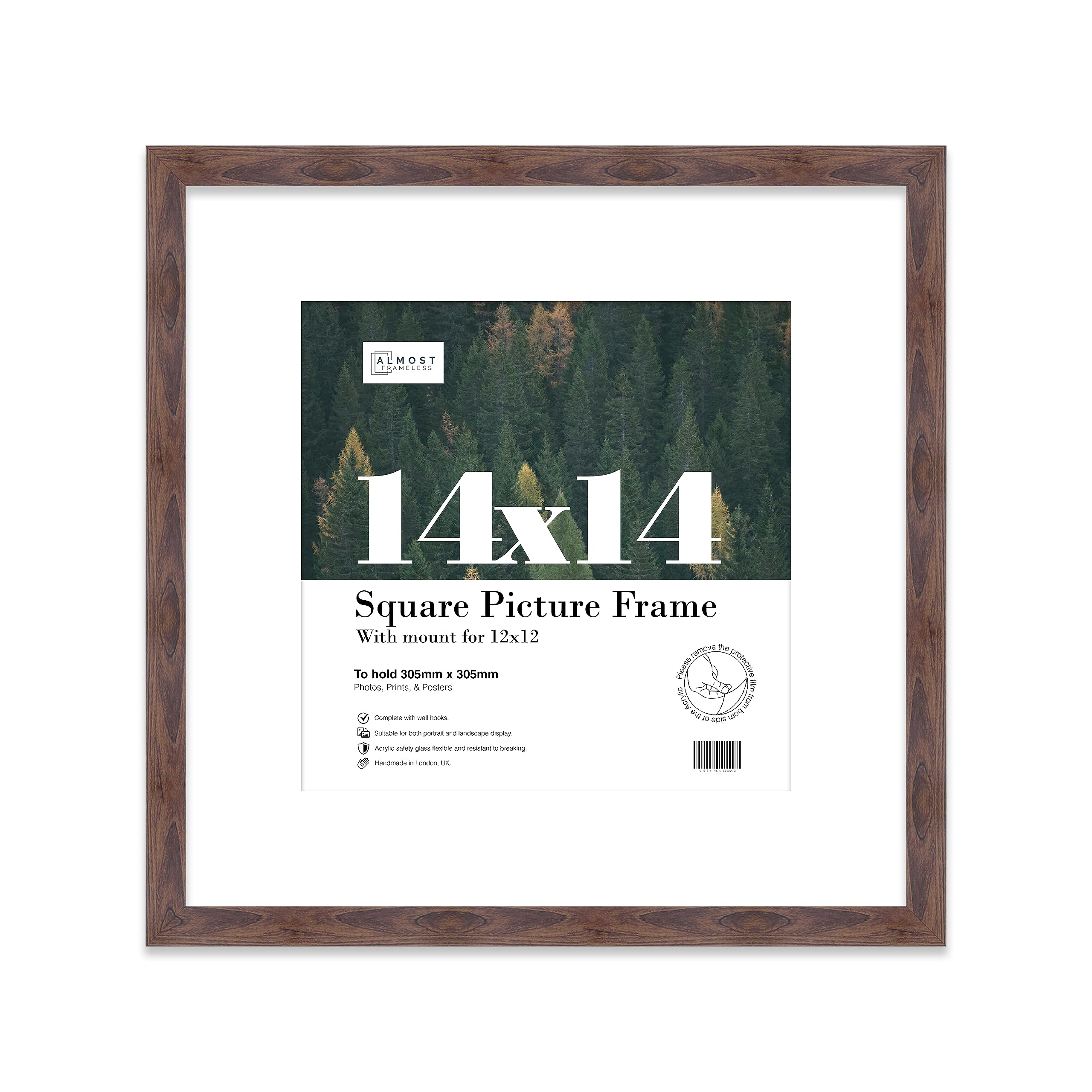 14x14 Walnut Picture Frame with Mount for 12x12 Photos, Prints - Modern Square Wall Frame, 1 Pack