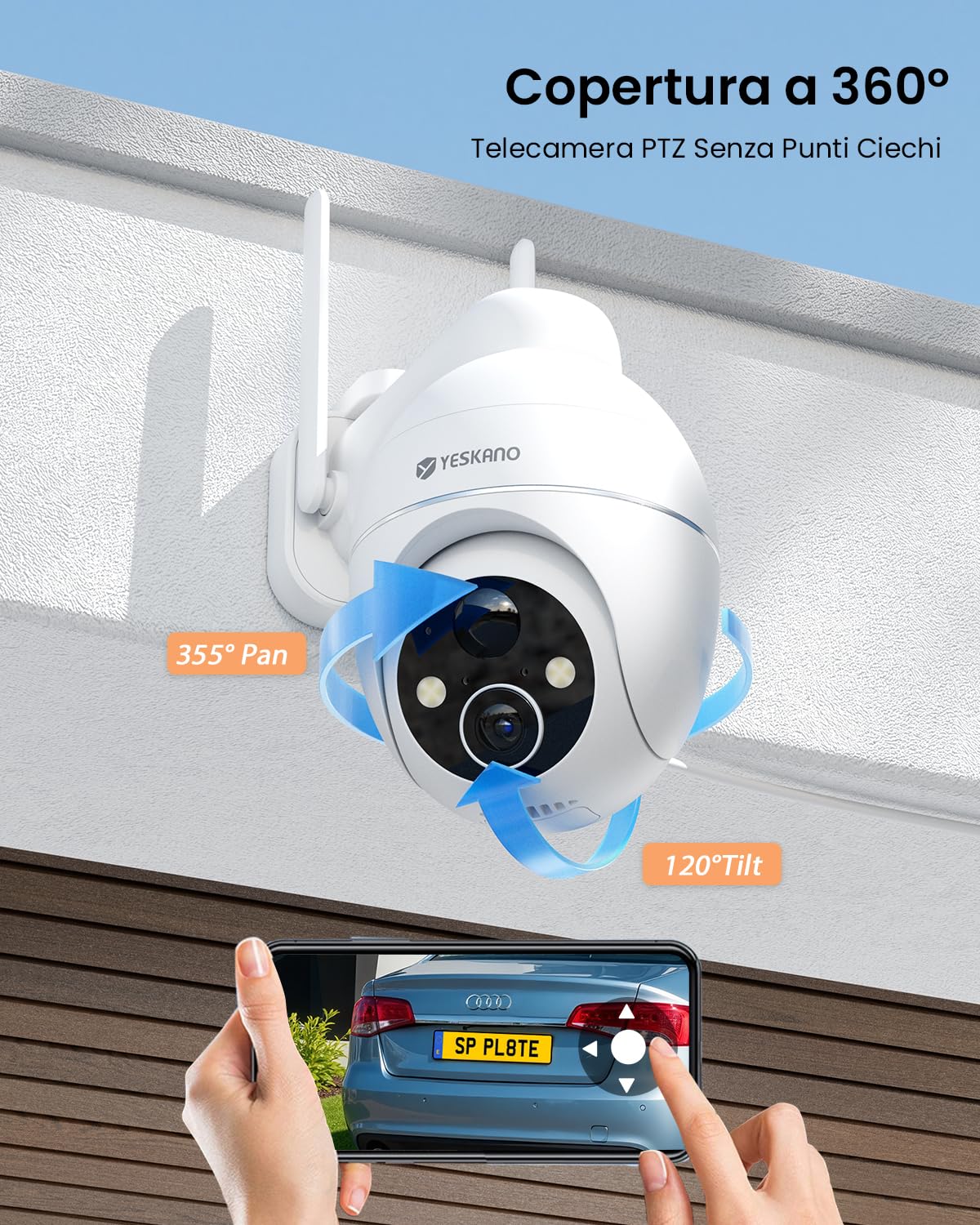 YESKANO 2K Telecamera Wi-Fi Esterno con Pannello Solare e Batteria, Videocamera Sorveglianza Esterno Senza Fili, Visione Notturna a Colori, Rilevamento IA, Supporta 2,4GHz e Alexa, 360°PTZ, IP66