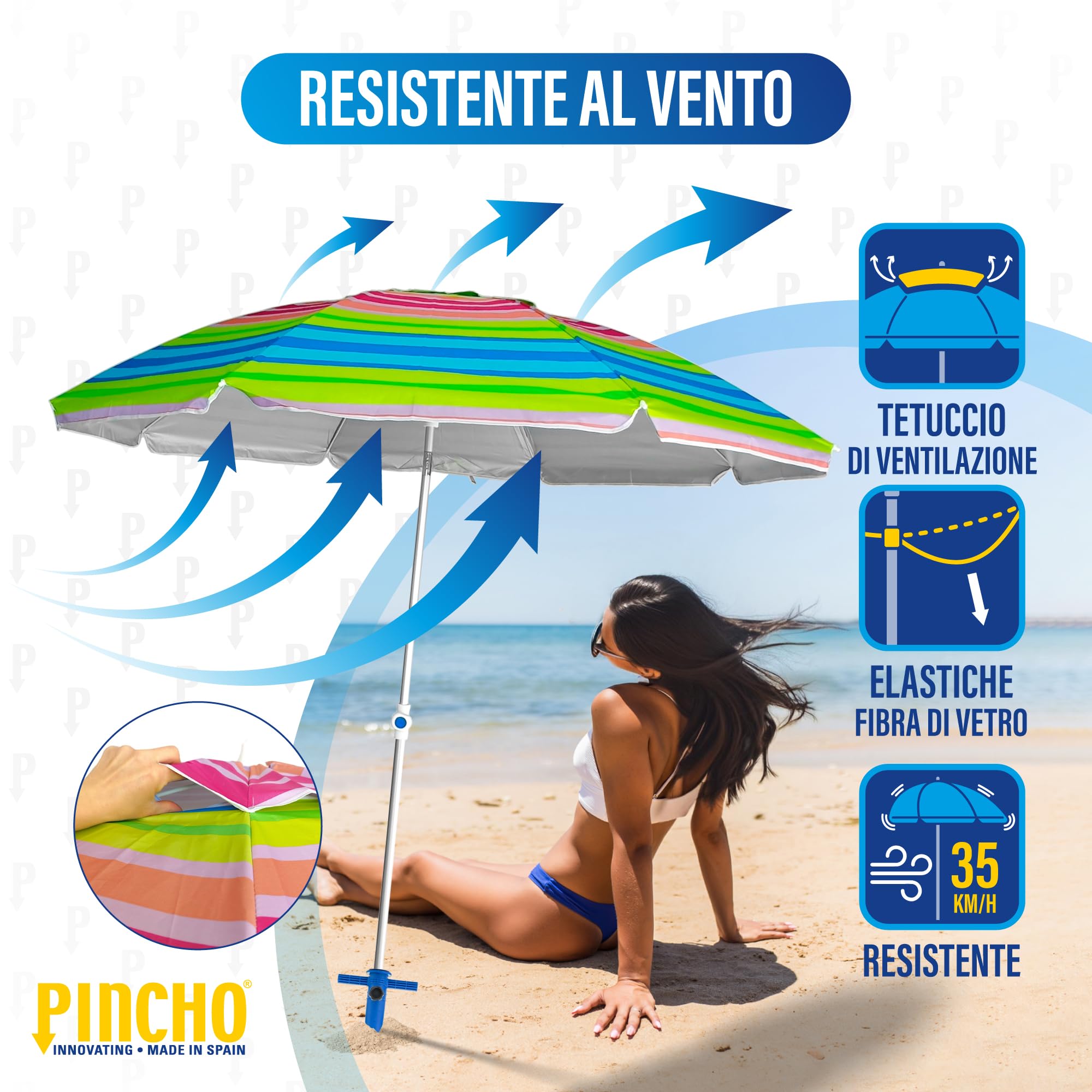 Pincho Ombrellone da spiaggia grande Ø200 cm, antivento, protezione UV 50, materiali di qualità, tubo di alluminio, aste in fibra di vetro, bastone reclinabile, include spiedino con punta in ALU