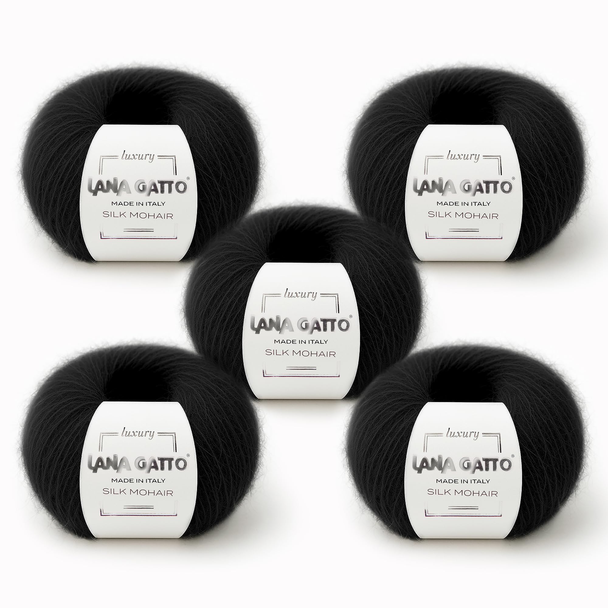5 Ovillos 125 gr. Hilo de Mohaire Seda para tricotar Lana Gatto Luxury Silk Mohair Line, mezcla premium y suave para tejer y ganchillo, Made in Italy (Negro - 6037, 5)