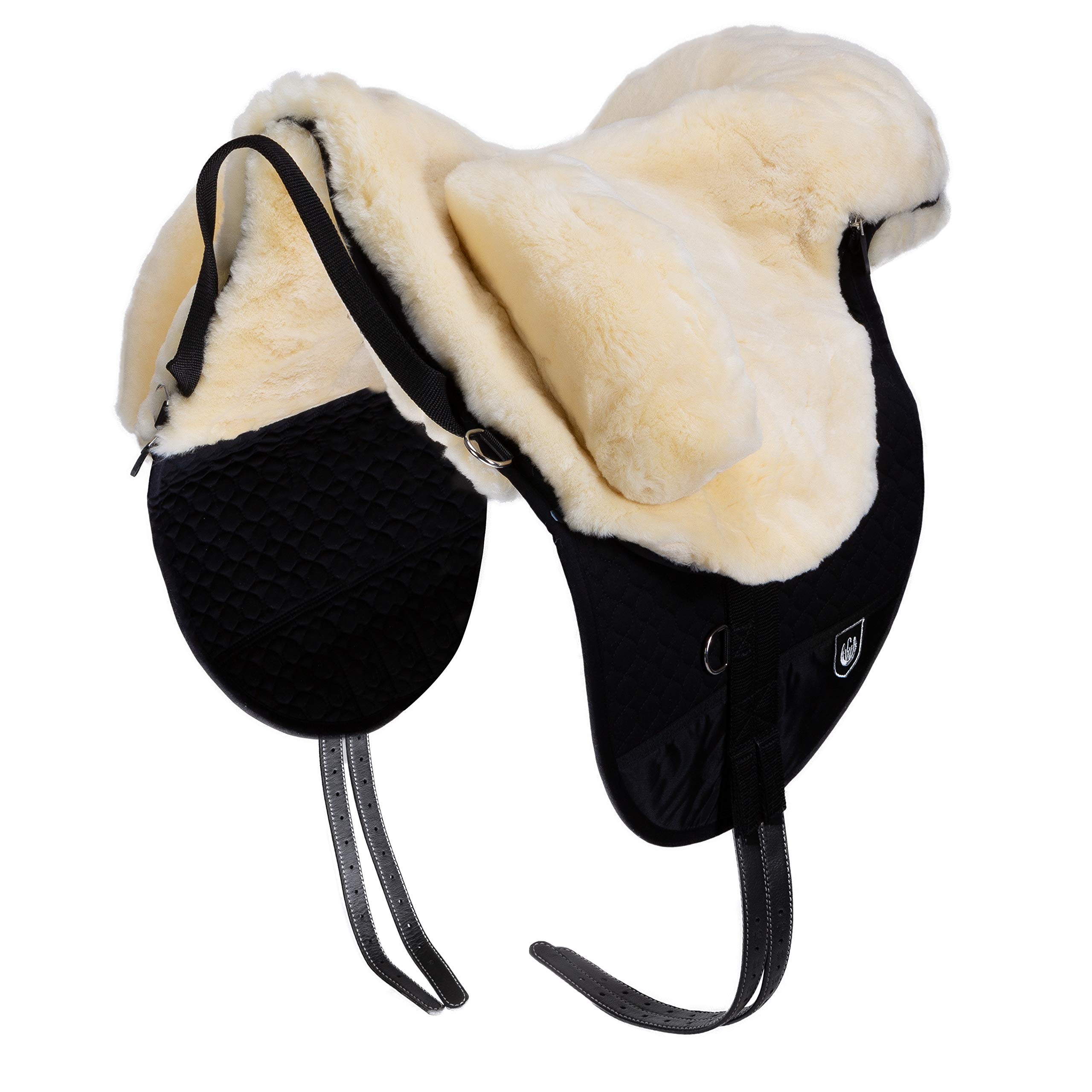 CHRIST Montura Inglesa para Caballo Fellsattel Premium Plus XH (Cruz Alta) Bareback-Pad/Silla de Montar de Piel de Cordero, Tallas Pony y Media-Sangre, Natural, Antracita, marrón