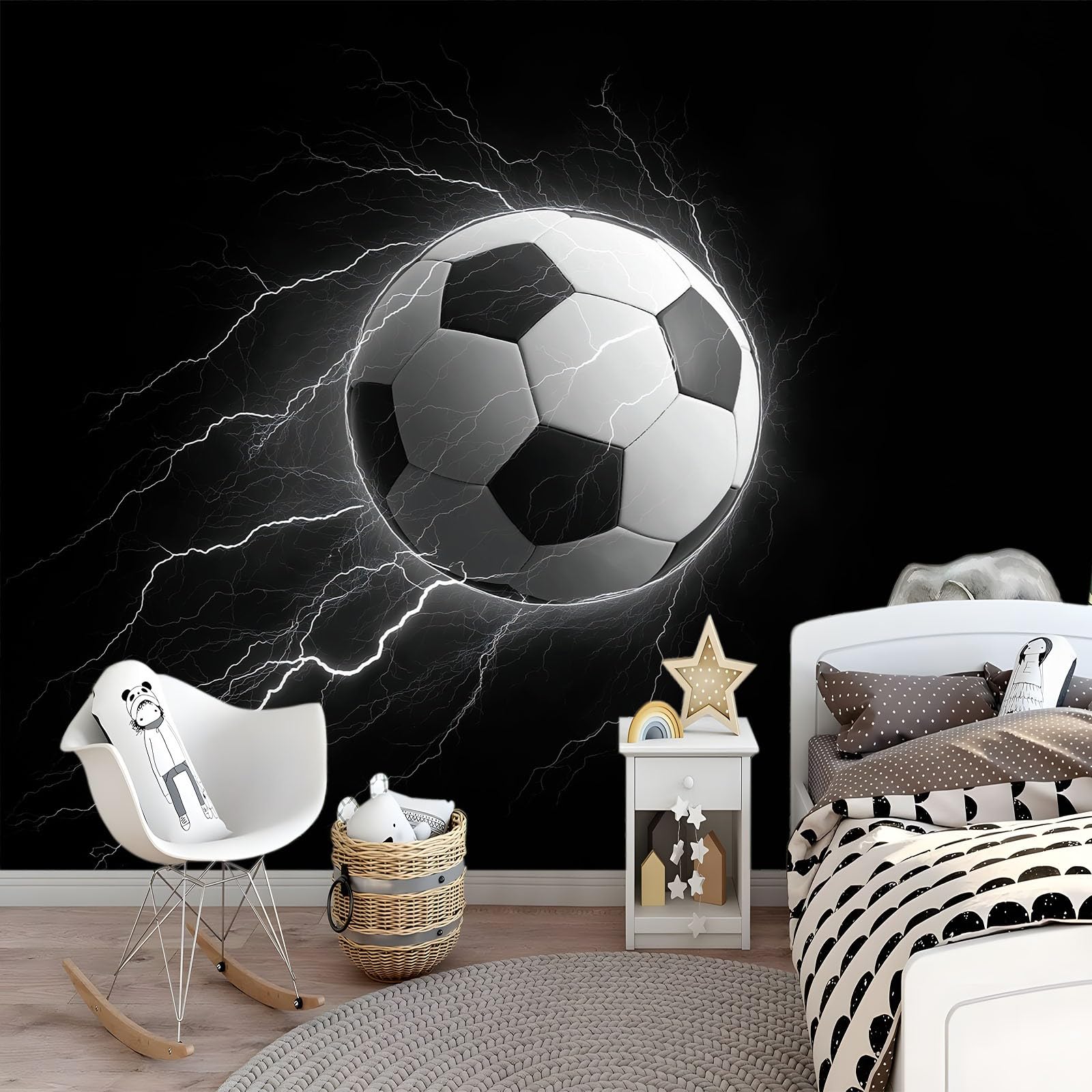 Carta da Parati Nero Fantasia Videogiochi Fulmini Calcio, Tessuto non Tessuto (TNT) 250 x 175 cm per Pareti Soggiorno Cucina camera da letto bambini, Poster Fotografici decorazione della parete