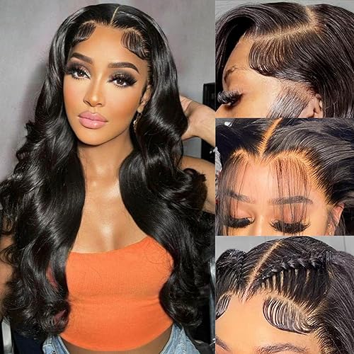 Twobla 13x6 Lace Front Wigs Human Hair Pre Plucked 180% Density Body Wave HD Transparent Frontal for Women Brazilian Virgin Glueless with Baby Natural Black 20 Inch