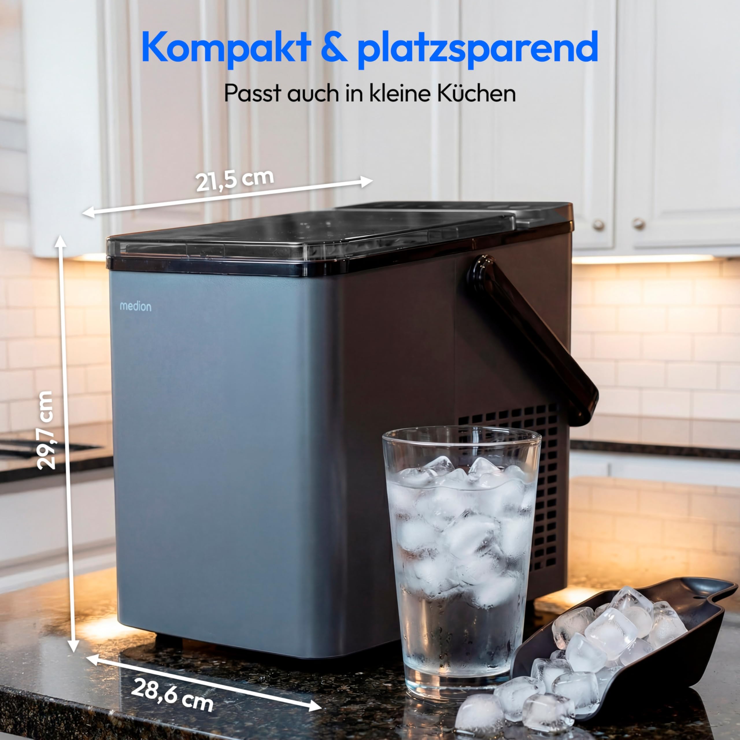 MEDION Eiswürfelmaschine, selbstreinigend, 12 kg Eis/Tag Eiswürfelbereiter, 2 Eiswürfelgrößen S & L, Integrierter Kompressor, 1,1 L Wassertank kompakt mit Tragegriff, GS-Zertifiziert, MD 100117