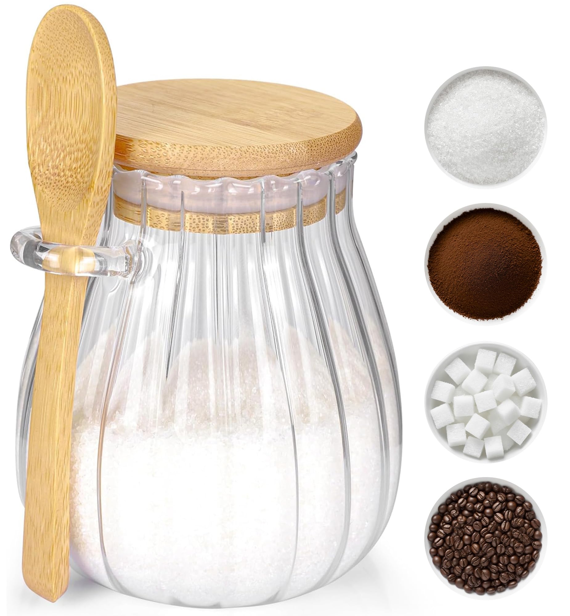 Sugar Container with Bamboo Lid and Spoon,15 oz Sugar Bowl Glass Jar for Coffee Bar Accessories Coffee Canister Kitchen Decor Housewarming Gift Christmas Refillable Design