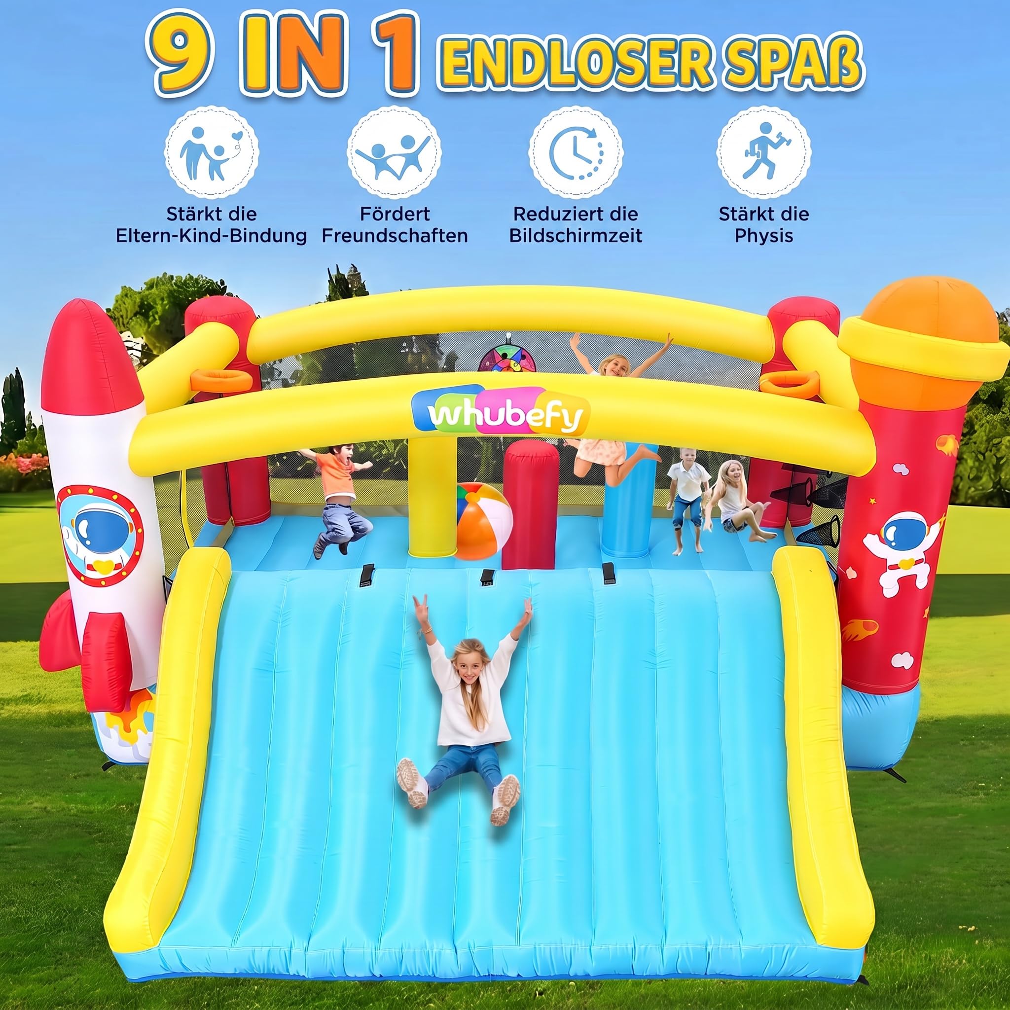 Castello gonfiabile per bambini di età 8-12 anni, 4,1 x 4,1 m, per interni ed esterni, con ventilatore, castello gonfiabile spaziale per feste e giardino