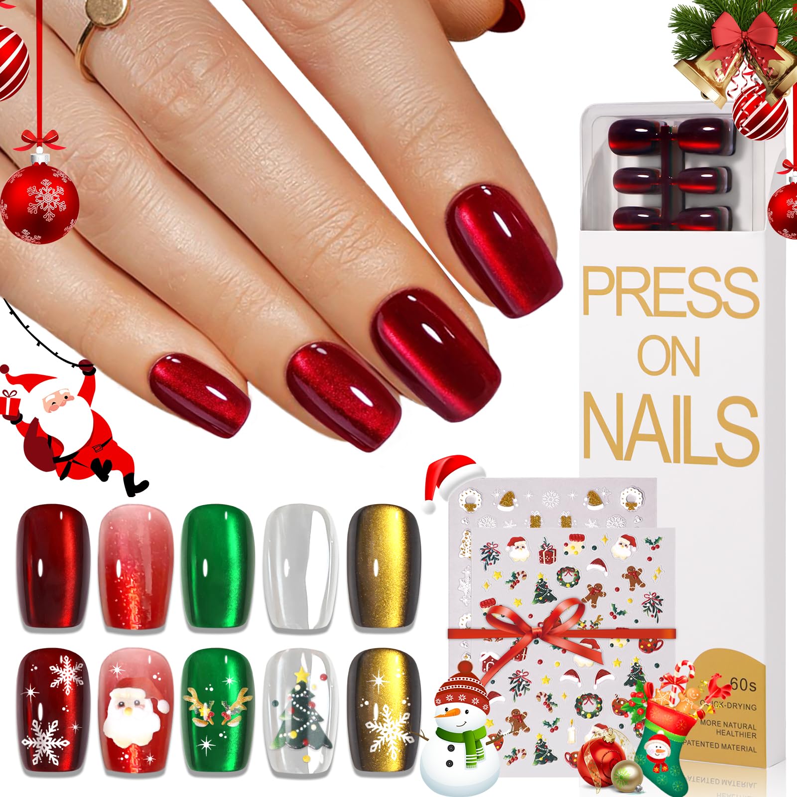 HOSAILY Christmas Cat Eye Press on Nails Short Square, 150pcs 5 Colors Soft Gel Glossy Jelly Glass Red Ruby Brown Green White Glitter Fake Nail with