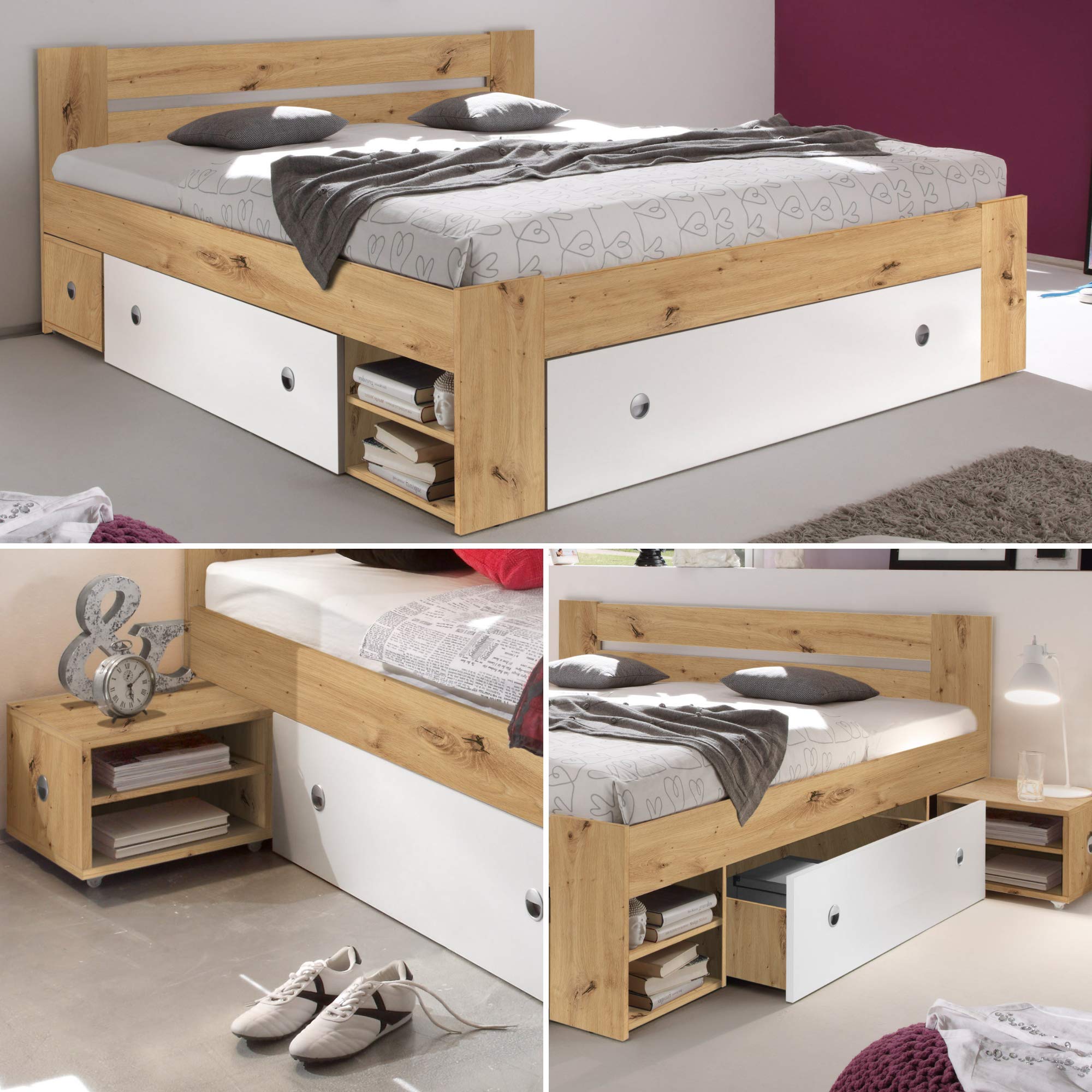 Stella Trading Stefan Moderne Doppelbett Bettanlage 180 x 200 cm mit 2x Nachtkommoden - Schlafzimmer Komplett-Set in Artisan Eiche Optik, Weiß - 185 x 86 x 204 cm (B/H/T)