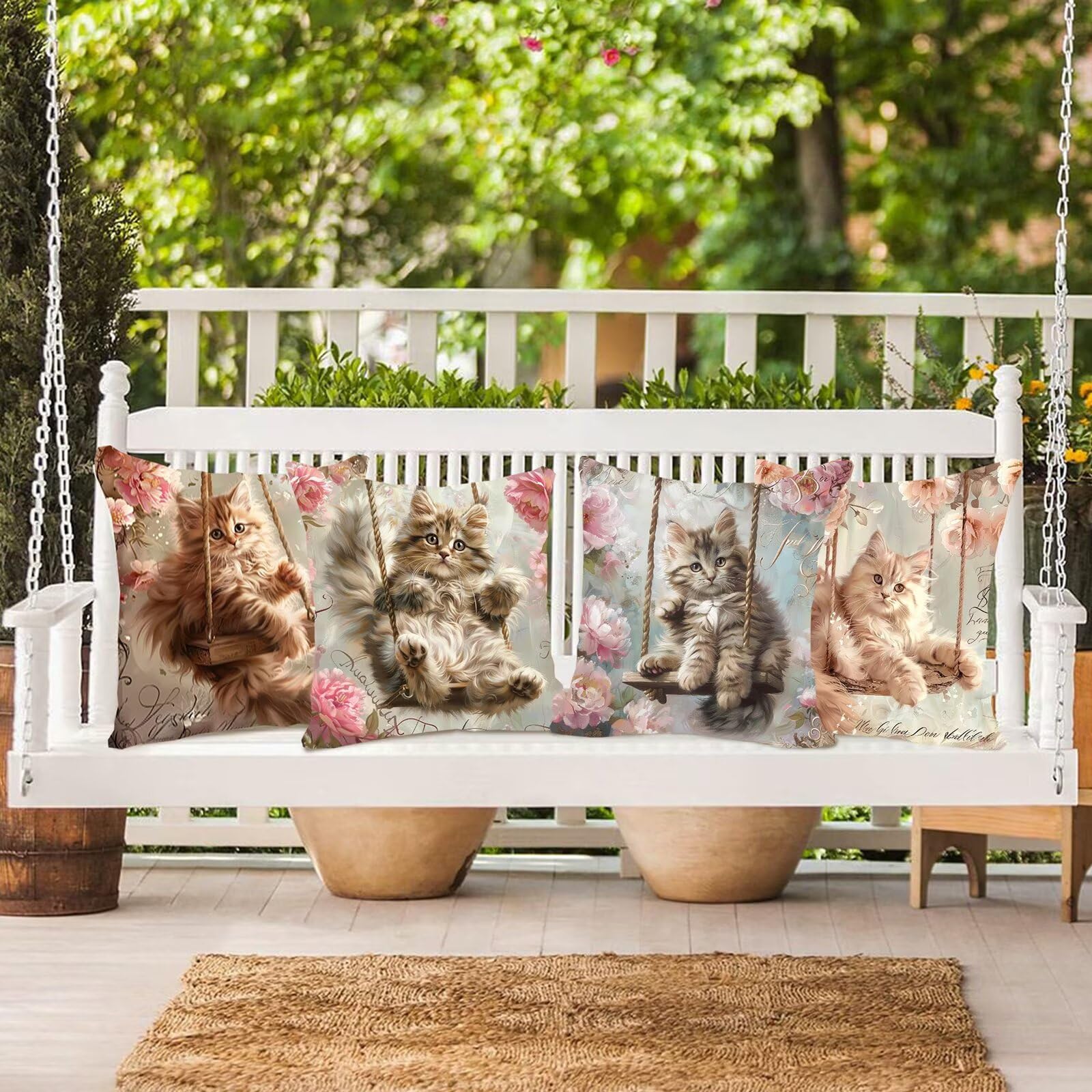 Lot de 4 Housses de Coussin Canapé 55x55cm Décoratives Double Face Taie d'oreiller en Velours Balançoire Coussin Carré Chat Taie d'oreiller pour Chambre, Bureau, Salon Canapé Voiture Ferme F0P-640