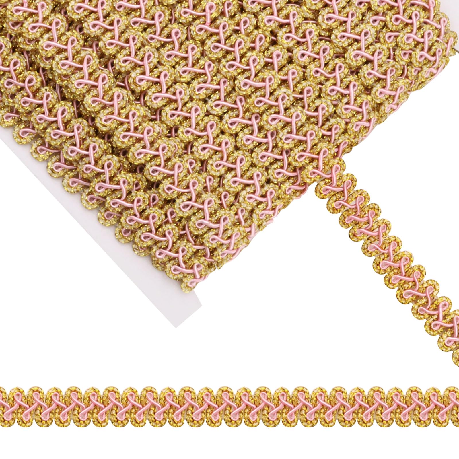 Diakey Gold Trim Gimp Braid Trim, 1.2cm x 25 m Fabric Lace Decorative Gift Wrap Ribbon for Sewing Upholstery Costume Craft Curtain Slipcover Embellishments, Gold Pink