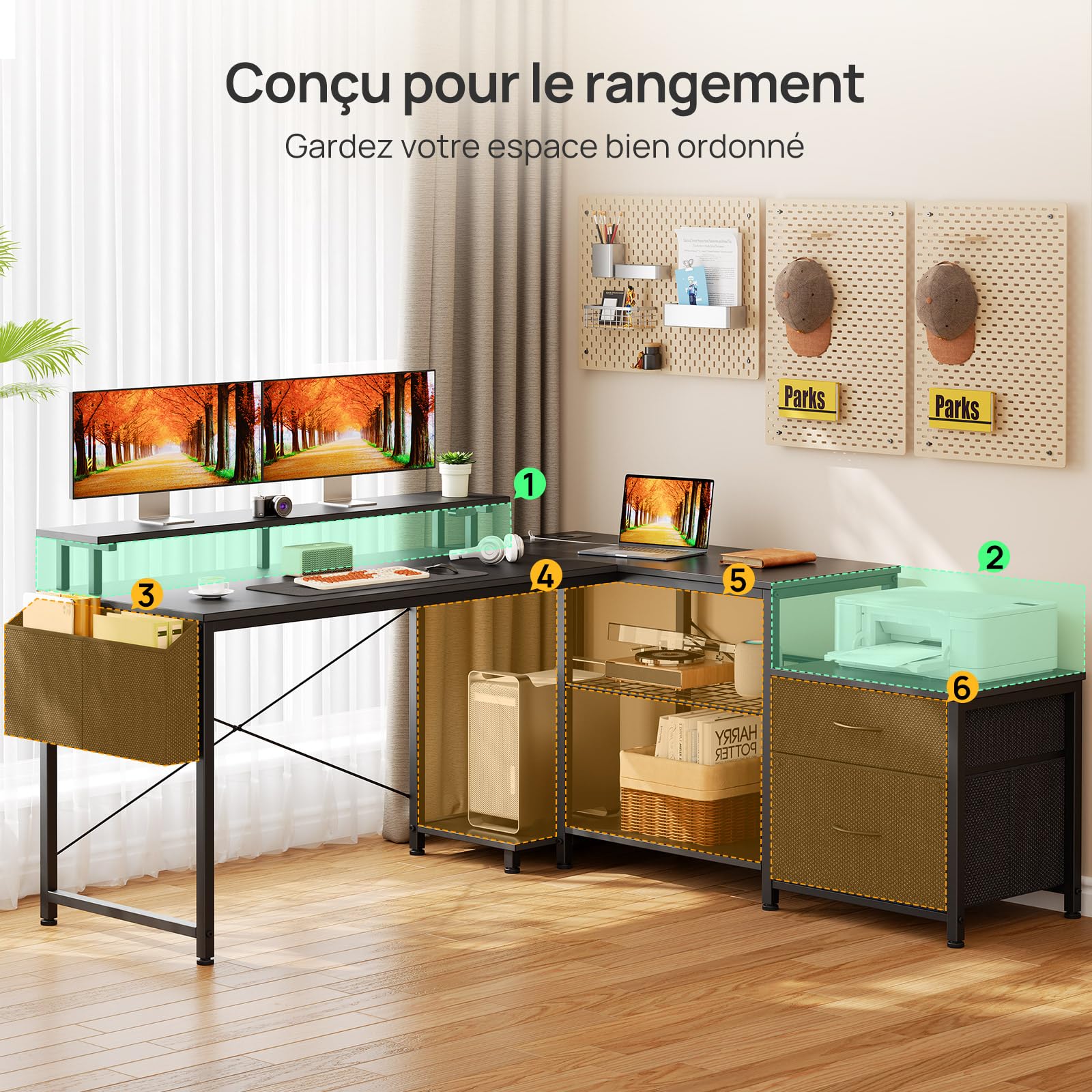 Seventable Bureau en L d'angle avec LED, Grand Bureau Gaming/Réversible avec 2 Prises, 2 Ports USB & 1 Type-C, 2 Tiroirs et Support d'Écran, Poste de Travail à Domicile 135 x 125 cm (Noir)