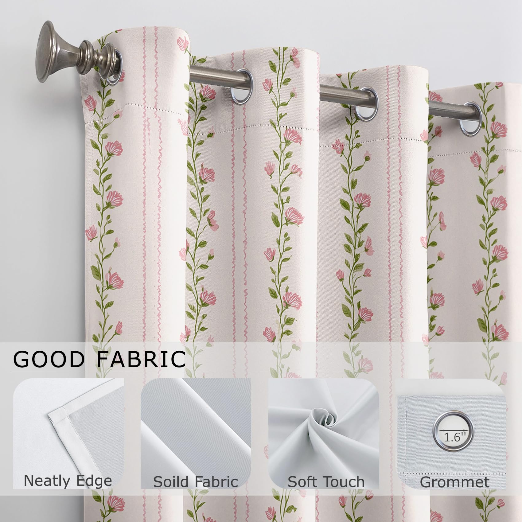 Mistela Blickdichte Vorhänge Mit Ösen Rosa Blume - Verdunklungsvorhänge Blume Mädchen Kokett Vorhänge Schlafzimmer Fenstervorhang - 2er Set - H200 x B140cm, Rosa Grün
