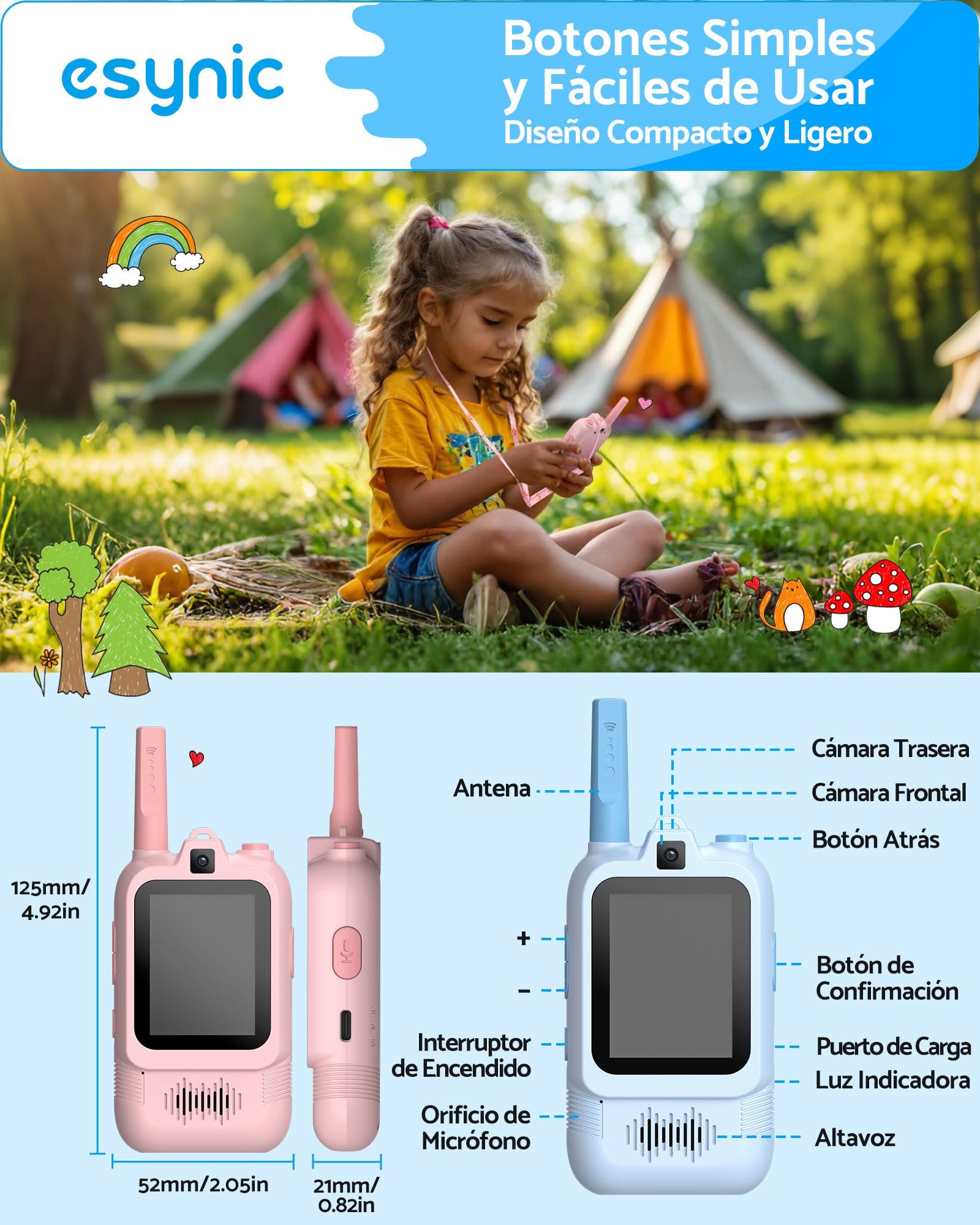 eSynic Walkie Talkies Niños con Cámara Doble Juguete Videollamada Intercomunicador Infantil Recargable Largo Alcance 500 Metros para Exploración Radios Bidireccionales Regalo Cumpleaños Azul Rosa