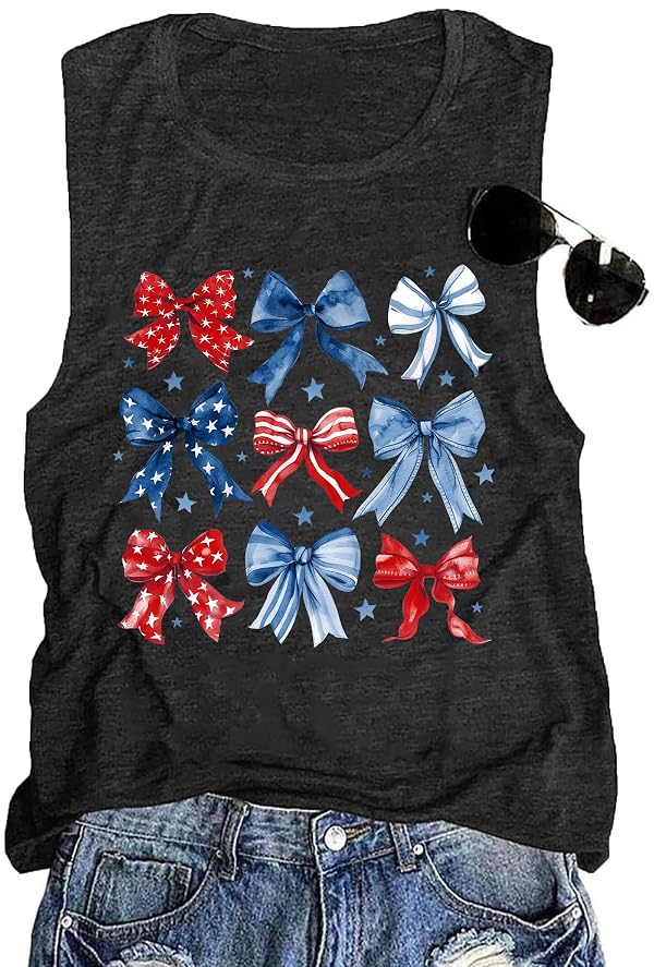 HQP American Flag Tank Top Women Patriotic Bow Ribbons Sleeveless Shirt 4th of July Summer Vest Tops by HQP - Used condition - US$8.90